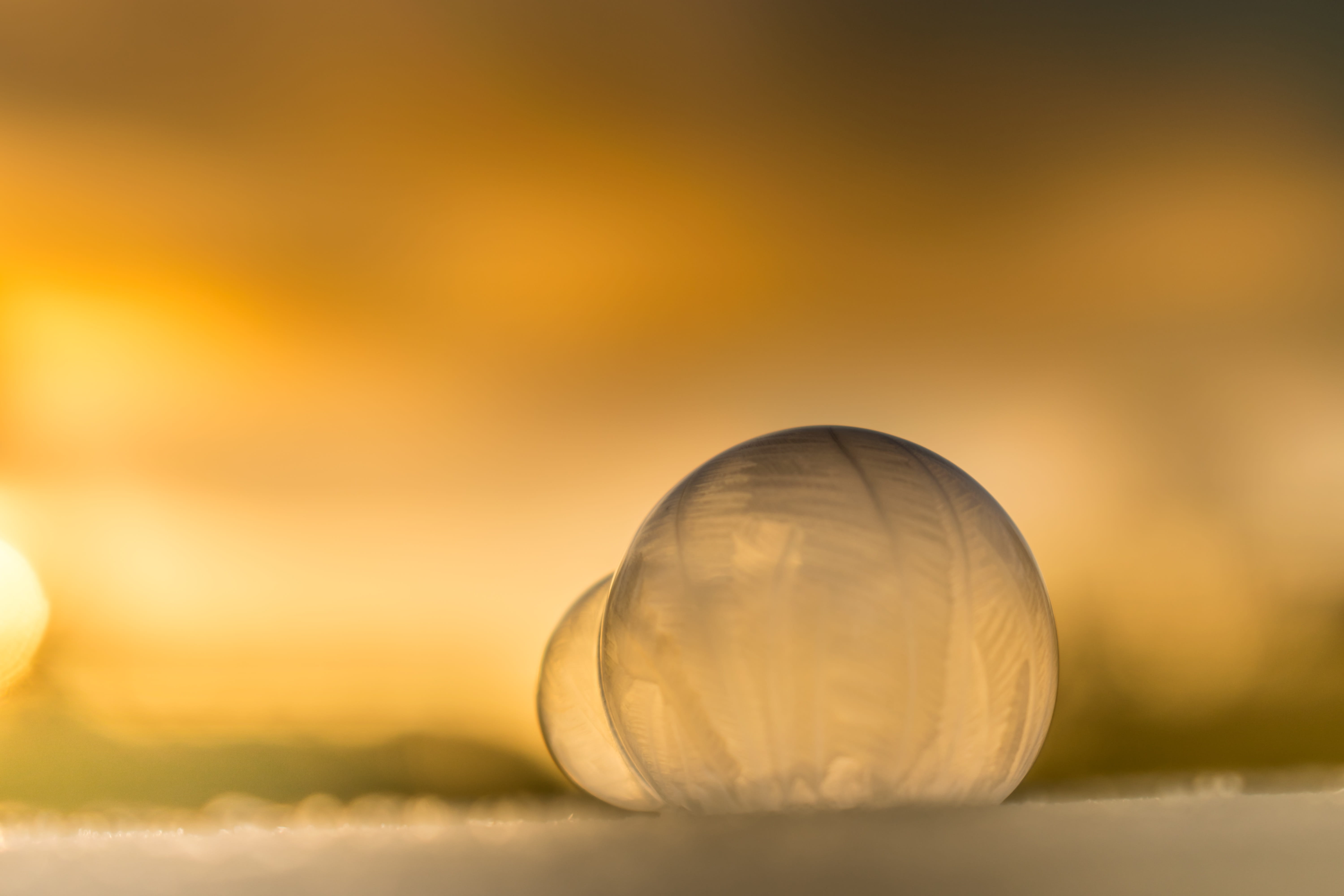 magic, ice, Soap Bubbles, sphere, ball, selective focus, sunrise, spherical, water, sunset, winter, outdoors, sky, bubble, focus on foreground, environment, HD Wallpaper