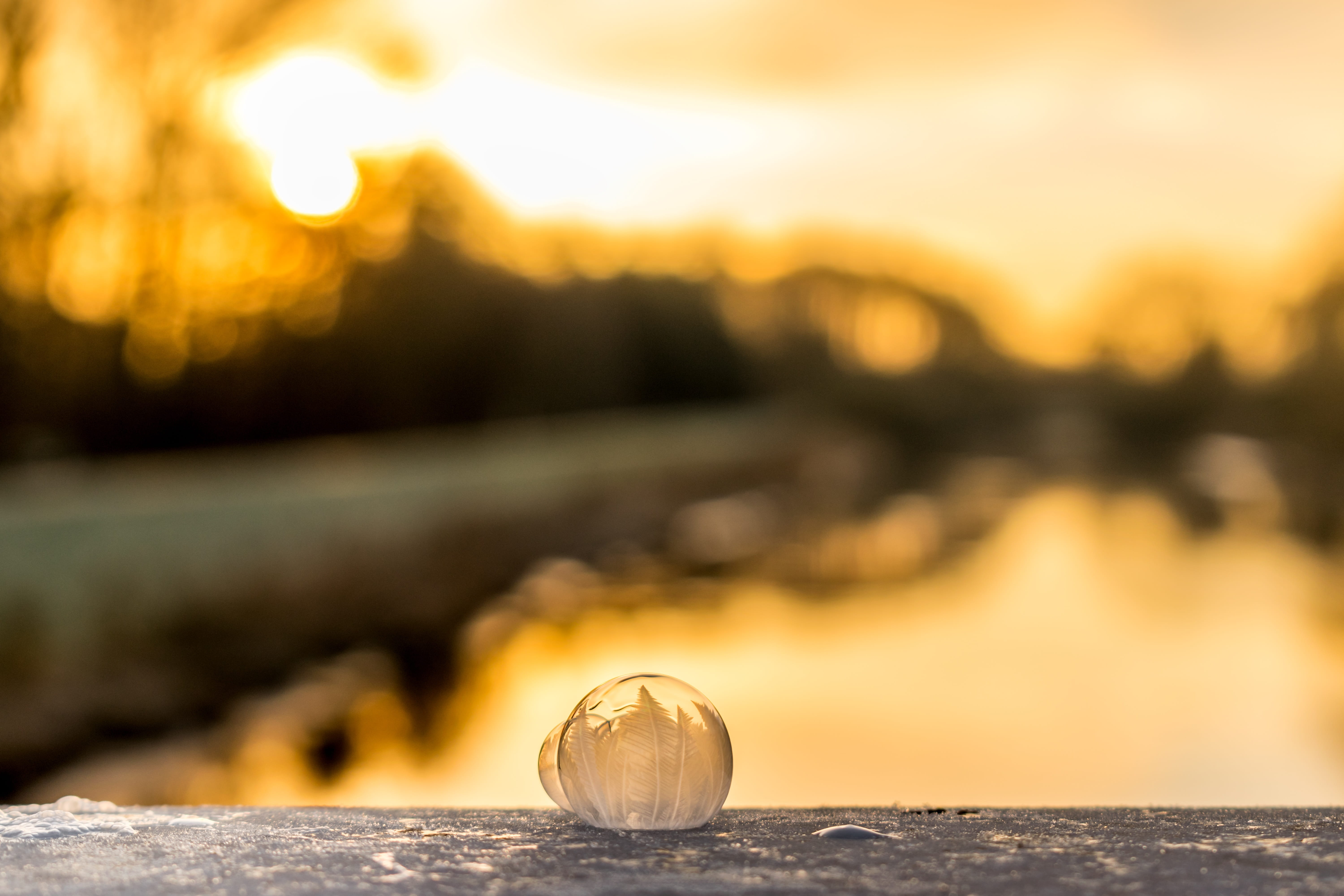 crystal growth, scenics - nature, Soap Bubble, back light, spherical shape, no People, selective focus, sky, water, 5K, sunrise, crystalline, focus on foreground, HD Wallpaper