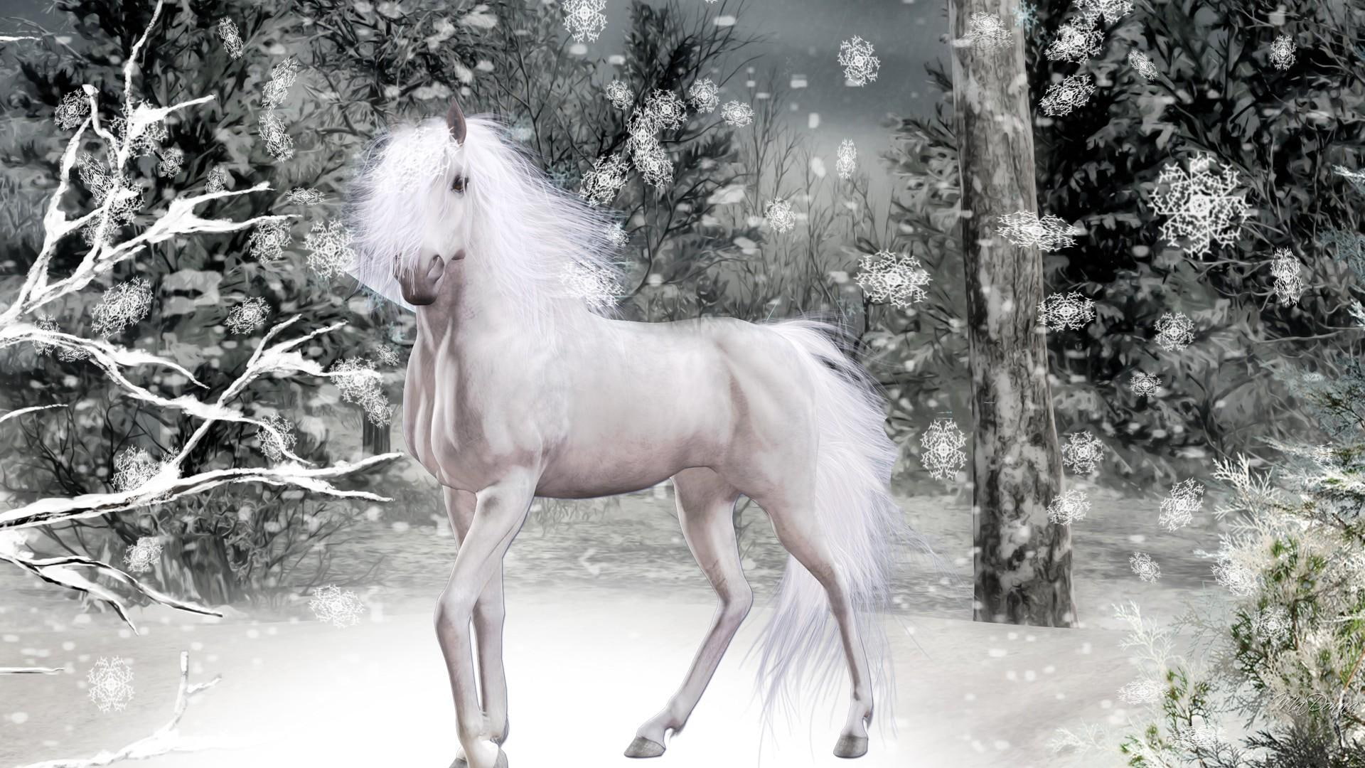 snowing, horse, 1080P, snowflakes, woods, trees, forest, snow, 2014, winter, magical, holiday, new-year, HD Wallpaper