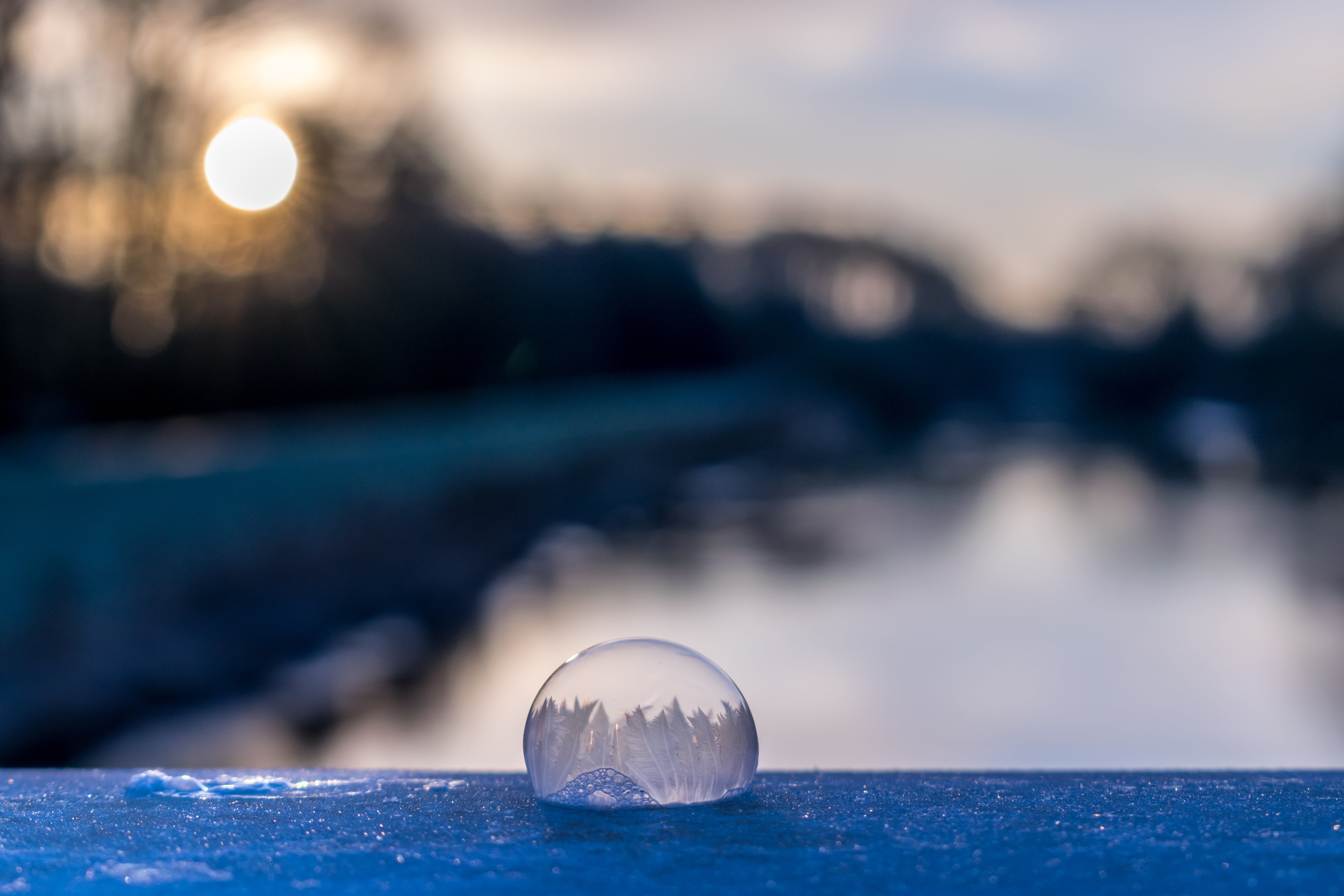 soap bubble, winter, reflection, ice, romantic, iridescent, crystal growth, sunrise, spherical shape, frost, river, close-up, ball, no people, sky, moon, HD Wallpaper