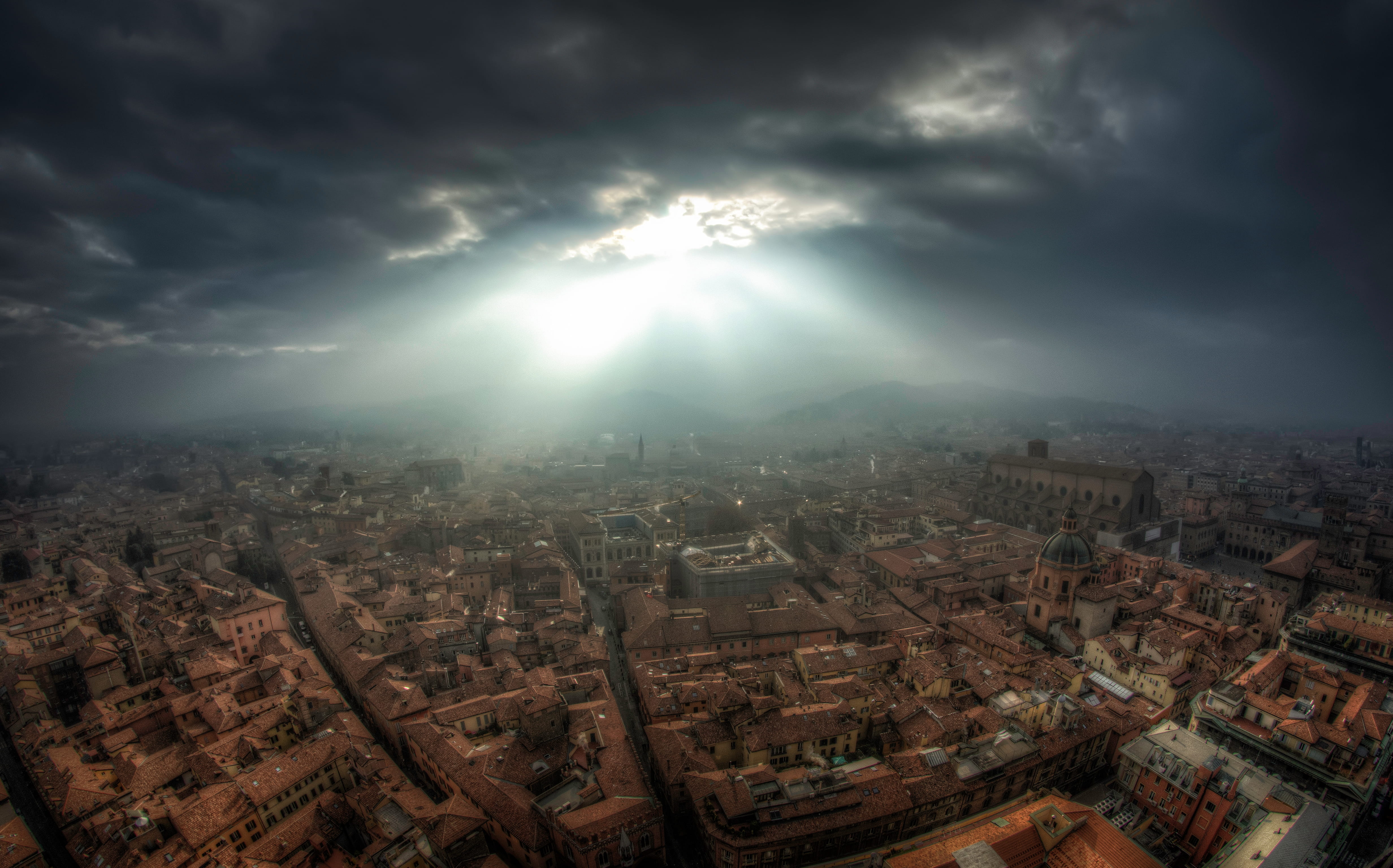 clouds, ray, volumetric light, tree, cloud, aerial view, skyscraper, cloud - sky, high angle view, sand, travel destinations, aerial, architecture, office building exterior, HD Wallpaper