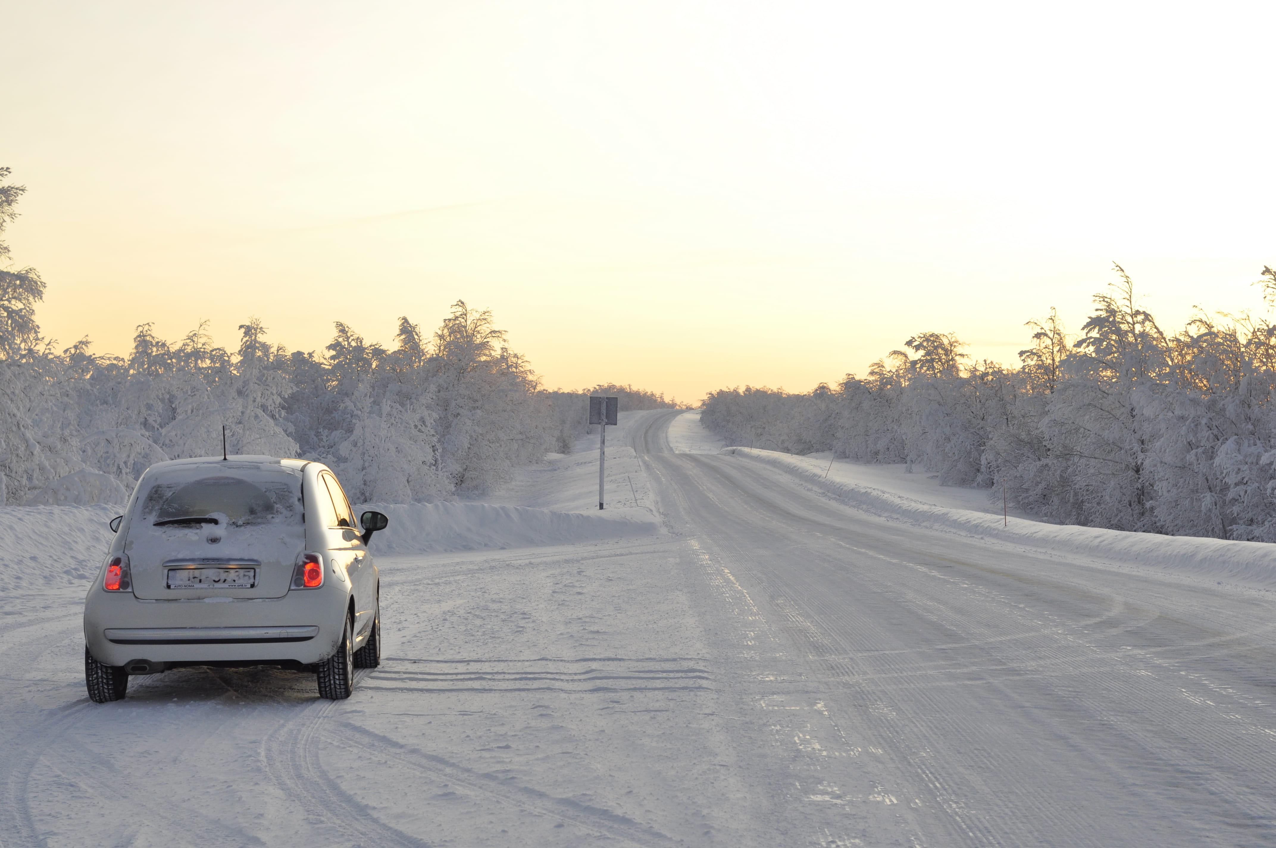 white color, road trip, car, winter, road, lapland, arctic circle, sunset, motor vehicle, kilpisjärvi, nature, the way forward, fiat 500, all white, transportation, HD Wallpaper