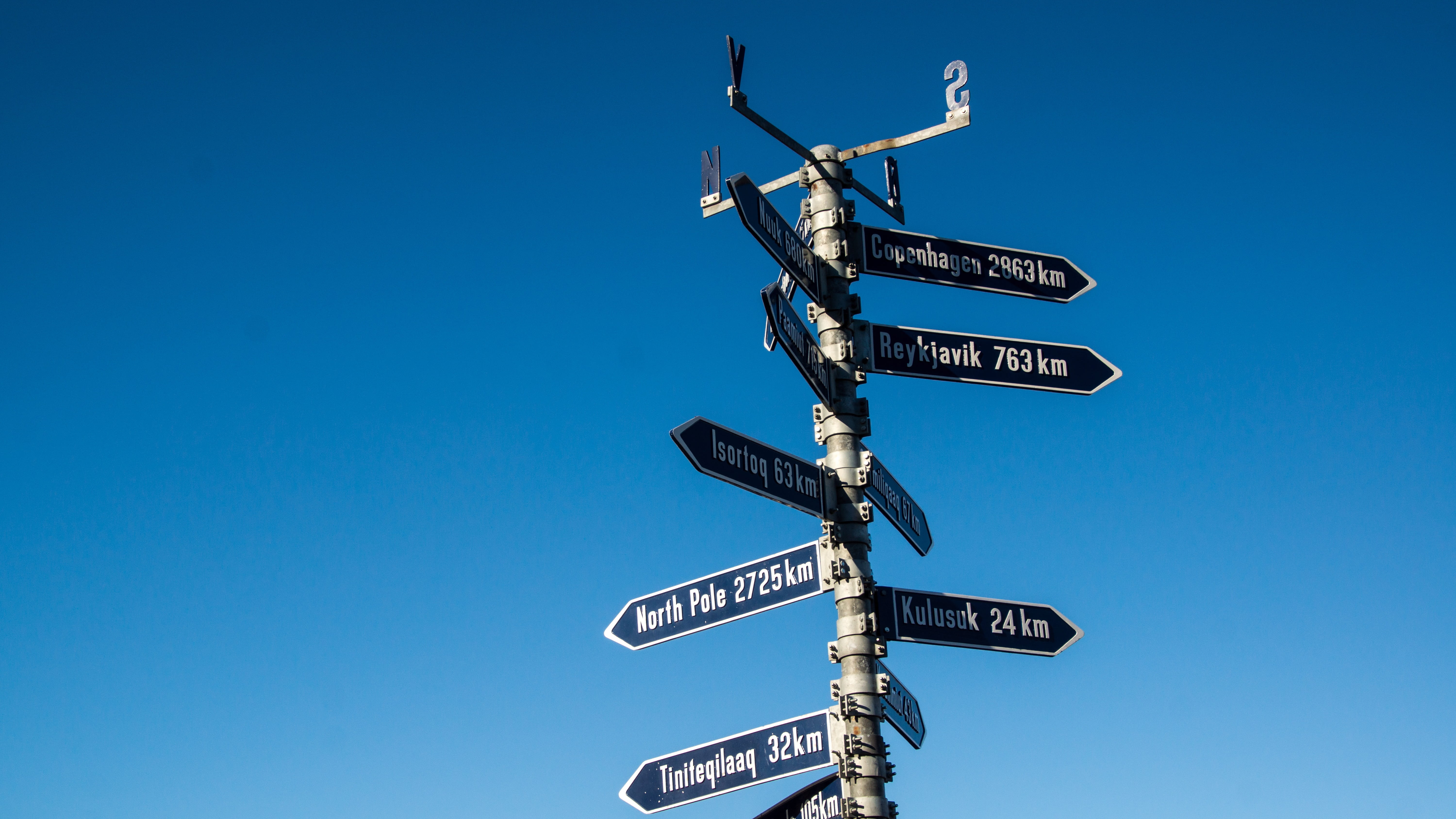 western script, waypost, road sign, no people, choice, low angle view, sign, symbol, traffic arrow sign, road, 5K, destination, outdoors, blue, clear sky, HD Wallpaper