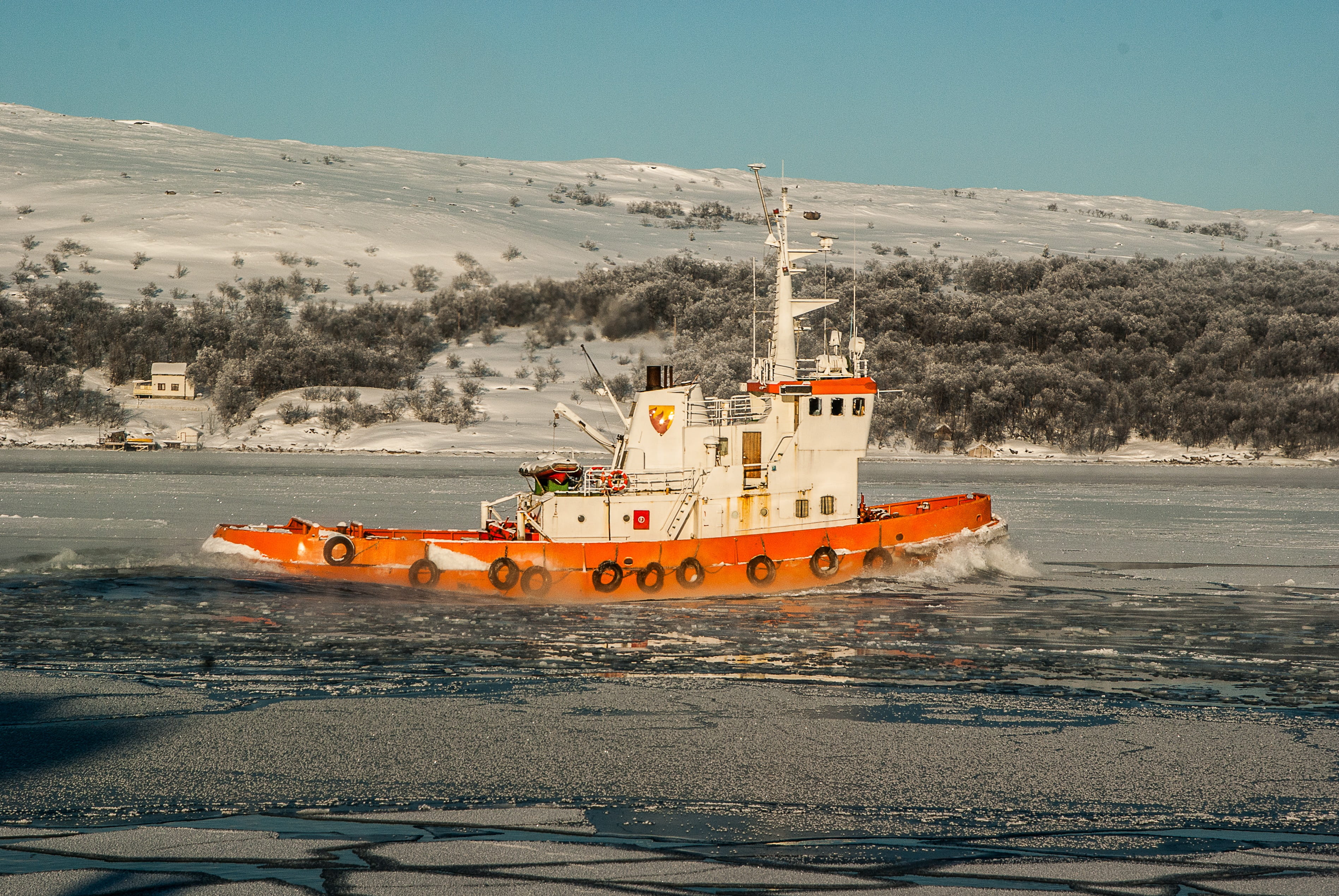 sky, no people, 2K, outdoors, port, Kirkenes, orange color, beauty in nature, sea, water, nature, nautical vessel, environment, Arctic Circle, mountain, HD Wallpaper