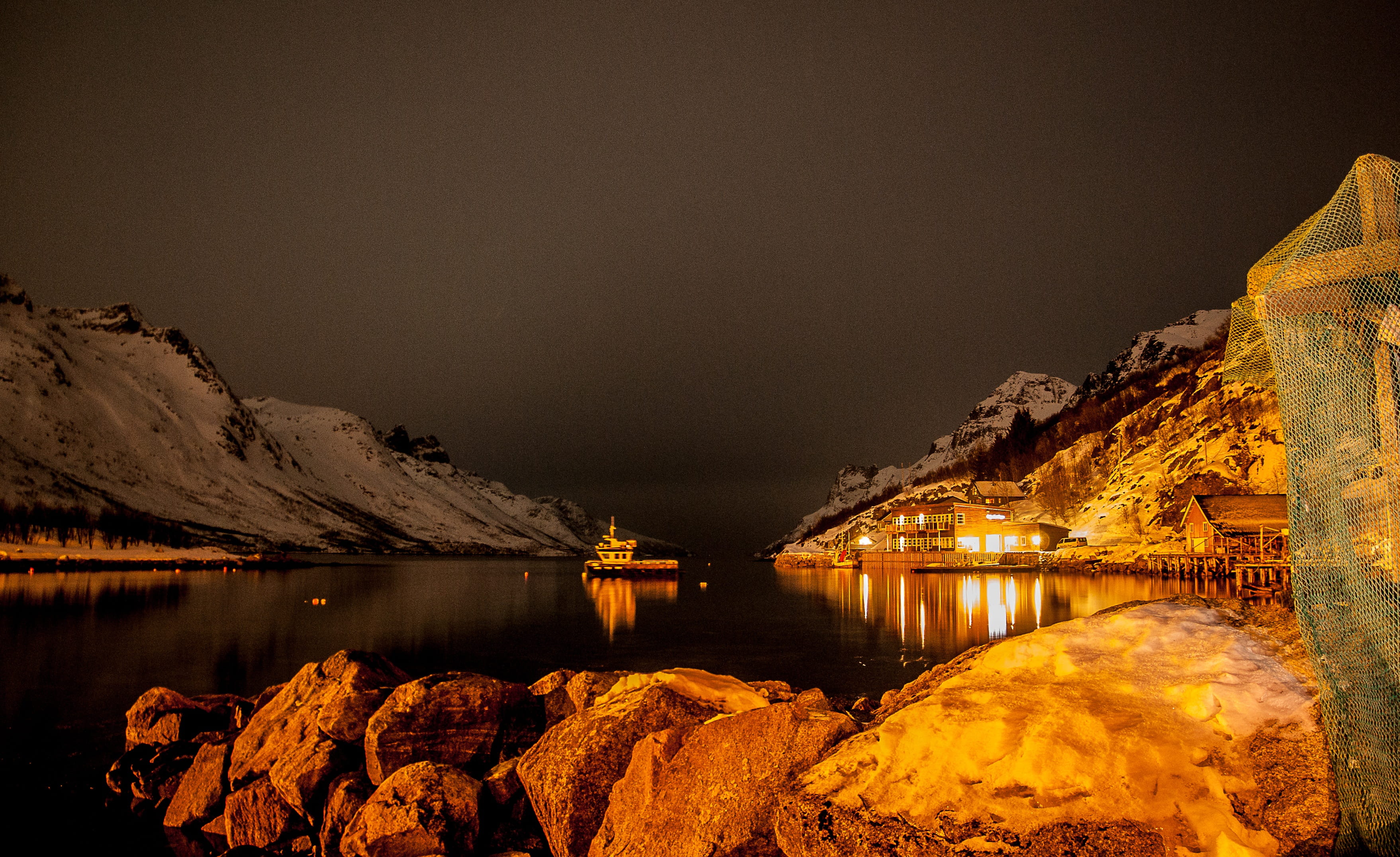 waterfront, scenics - nature, Night, mountain range, winter, rock - object, river, lake, 2K, mountain, dock, reflection, Fjord, architecture, Port, illuminated, HD Wallpaper
