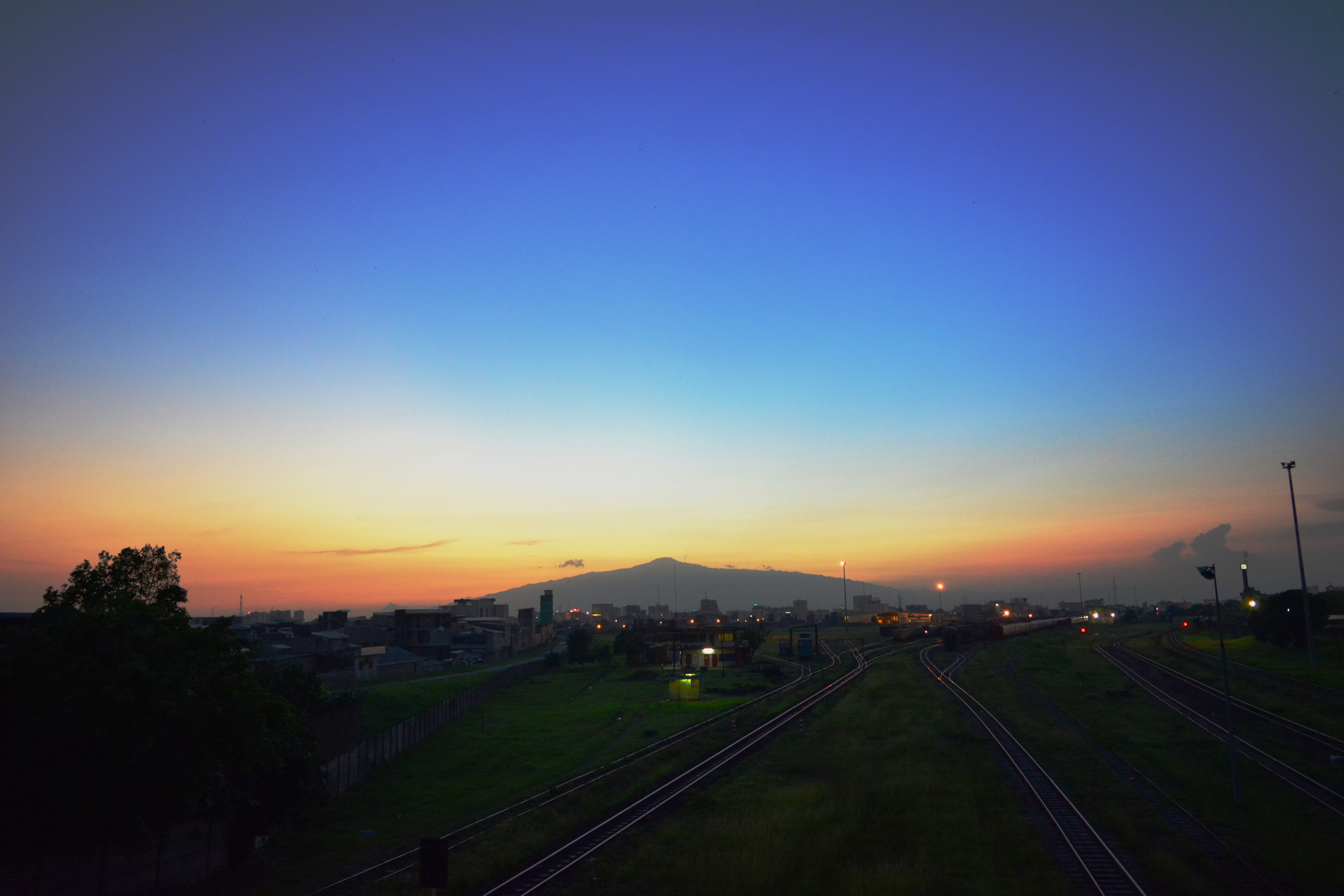 nature, illuminated, high angle view, clear sky, kmertour, cameroun, 5K, fako, lights, douala, gare de bessengue, dusk, rail transportation, track, no people, HD Wallpaper