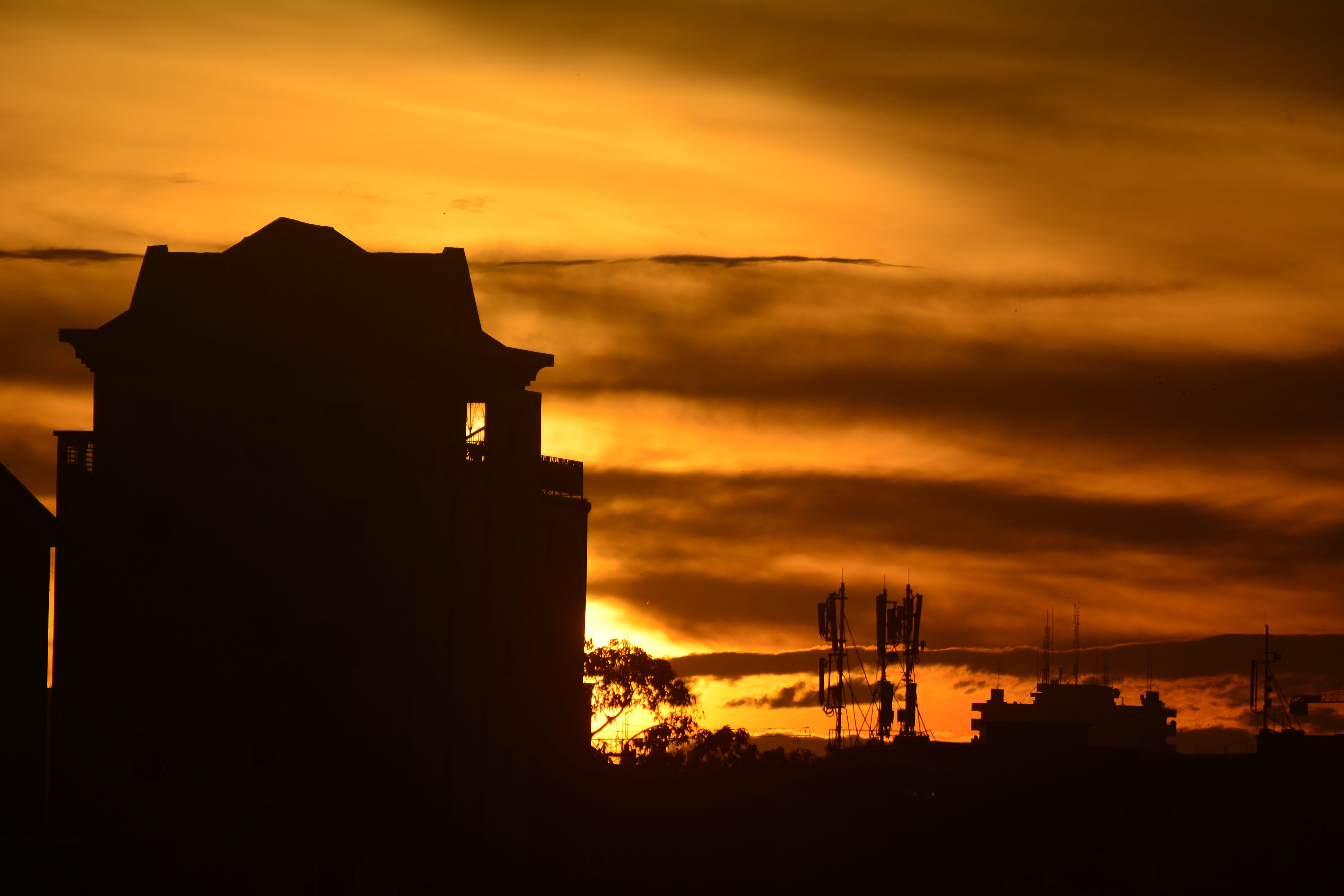 architecture, scenics - nature, sunset, idyllic, kmertour, landscape, silhouette, building exterior, orange color, outdoors, clouds, sun, cloud - sky, building, HD Wallpaper