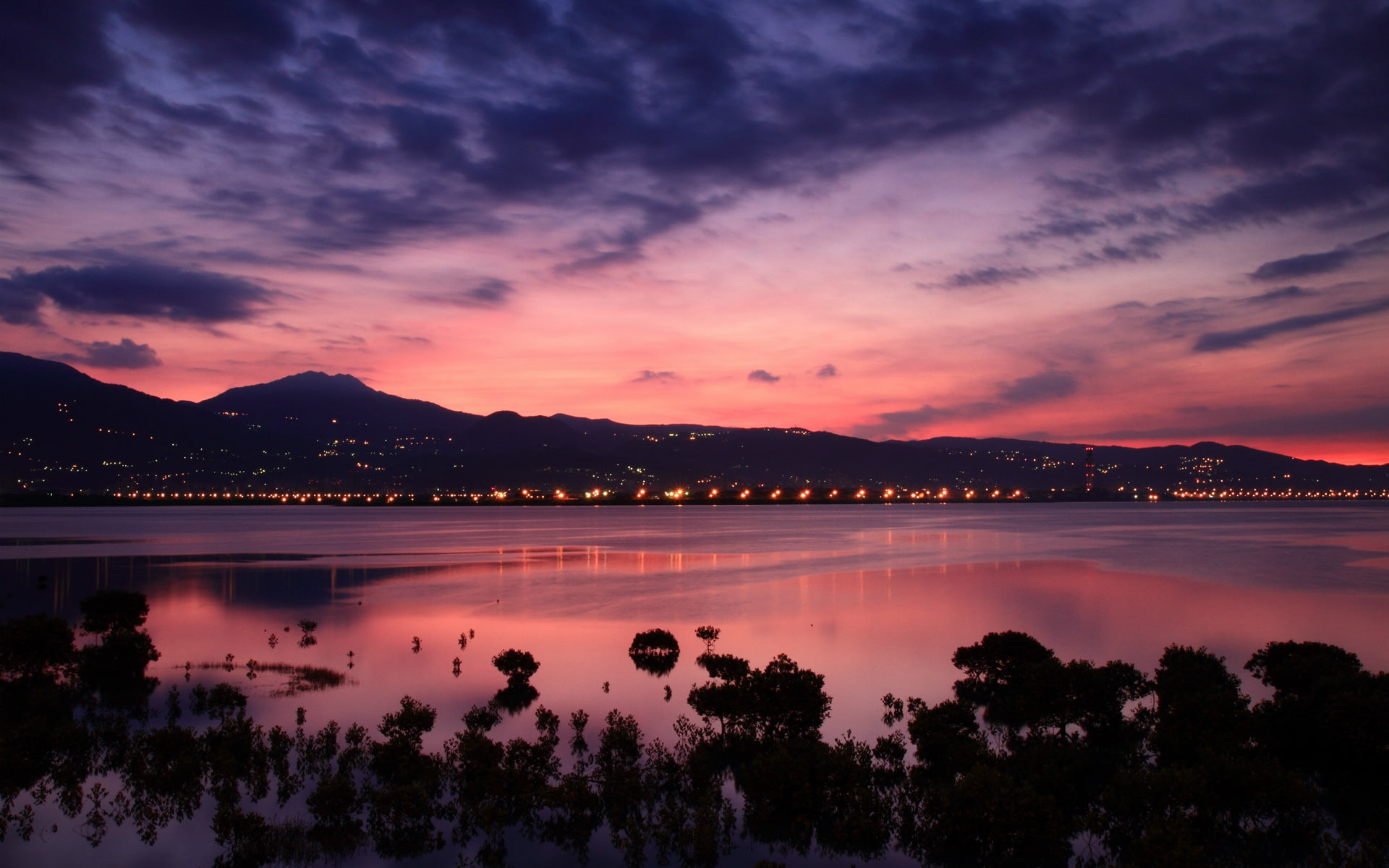 lights, Sunrise, Strait, Clouds, Sky, China, Coast, city, Dawn, 1080P, Taiwan, Pink, HD Wallpaper