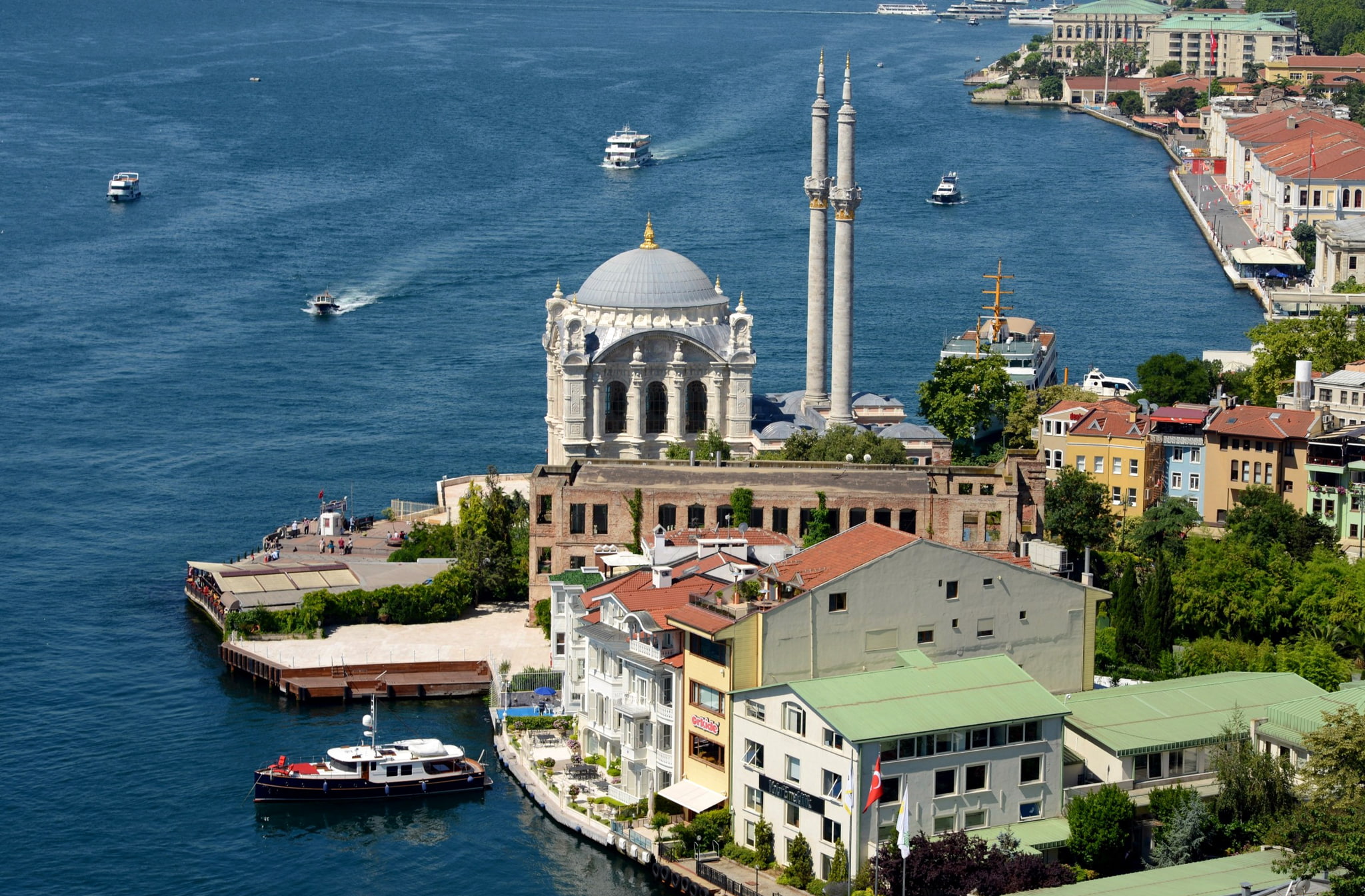 high angle view, cityscape, nature, building exterior, Istanbul, The Bosphorus, belief, Strait, shore, place of worship, mode of transportation, 1080P, HD Wallpaper