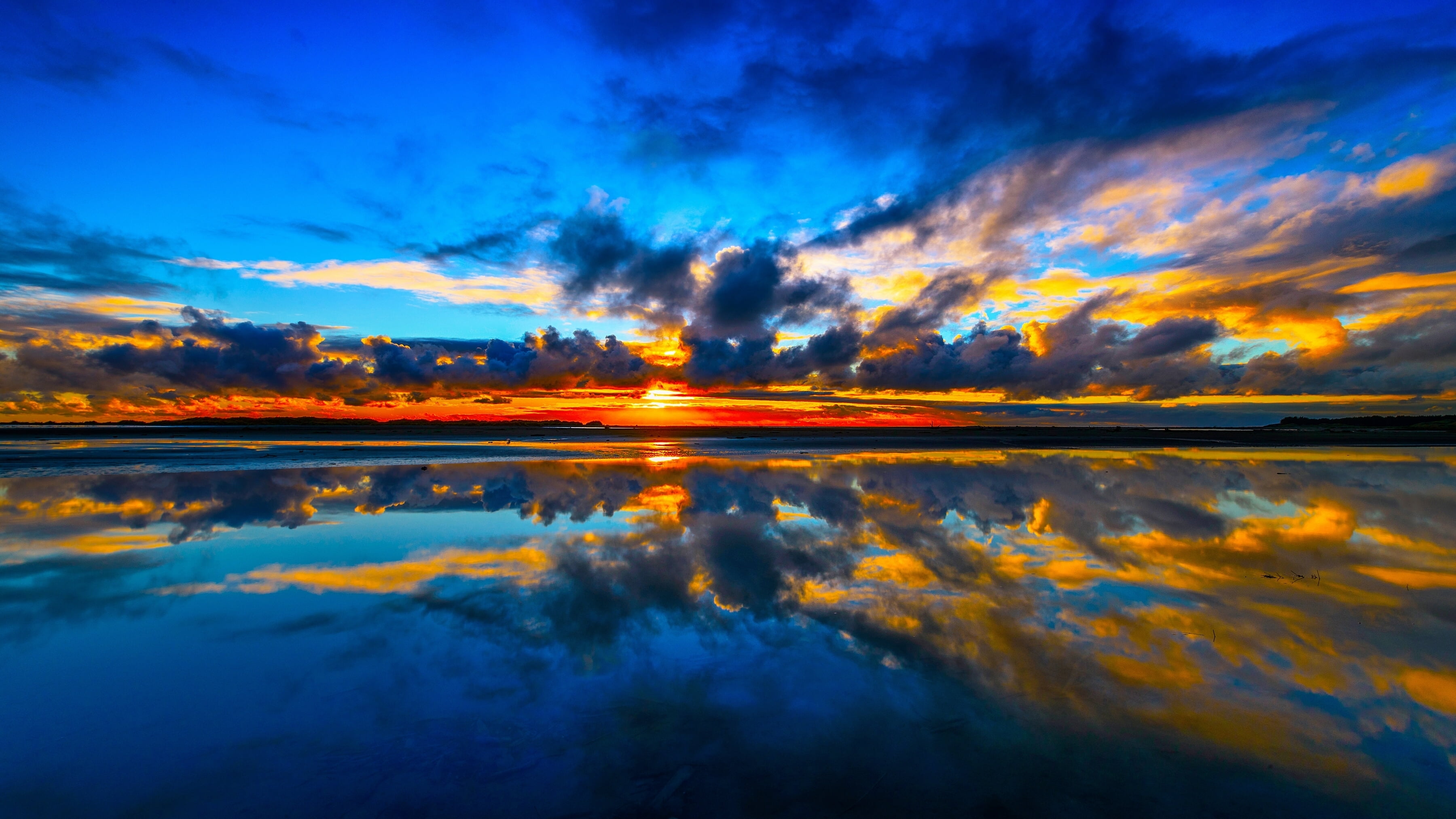 cloud - sky, blue, Kuku Beach, reflection, symmetry, lake, beauty in nature, scenics - nature, clouds, tranquil scene, romantic sky, orange color, golden, HD Wallpaper