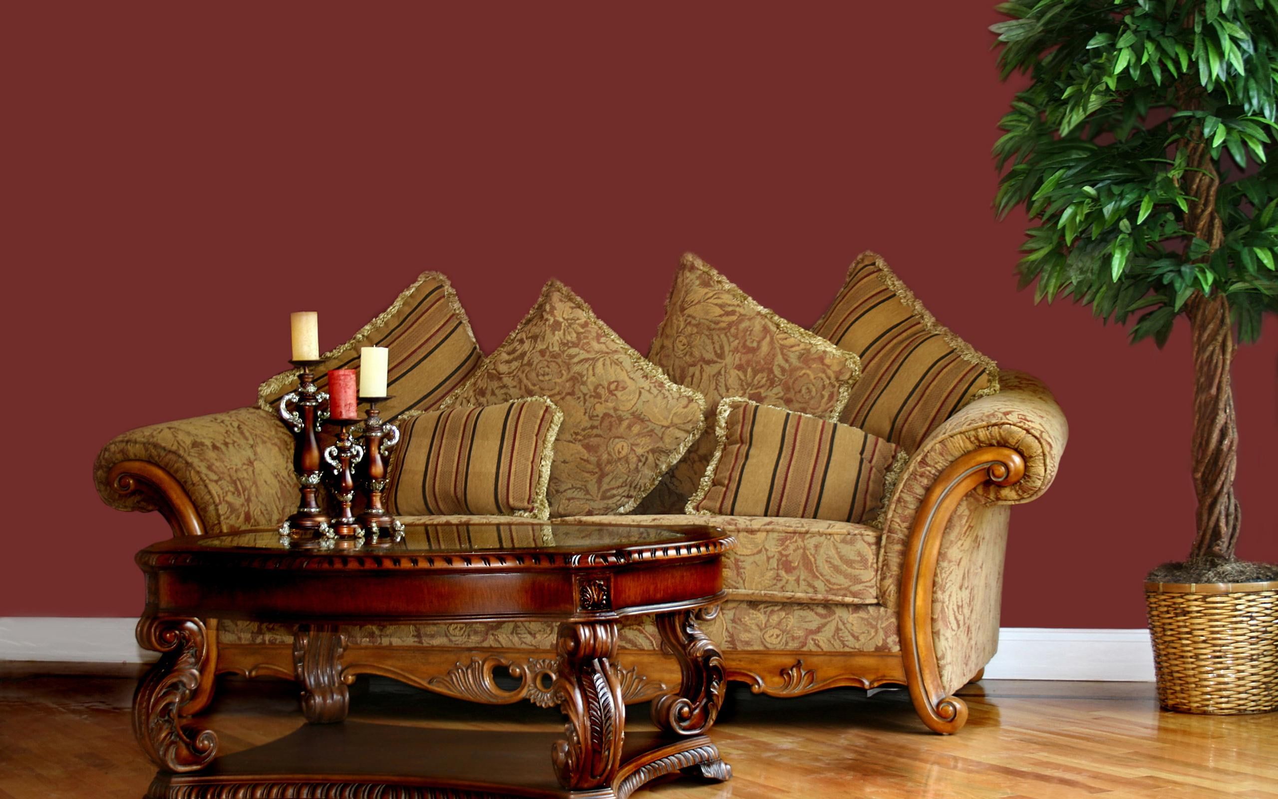 3d and abstract, table, 2K, design, plant, nice, sofa, fabric, brown, artificial, room, candles, livingroom, tree, HD Wallpaper