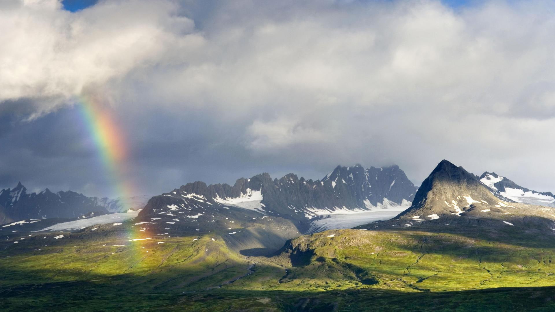 clouds, mountains, rainbow, alaska, 3d and abstract, 1080P, chugach, chugach mountains, HD Wallpaper