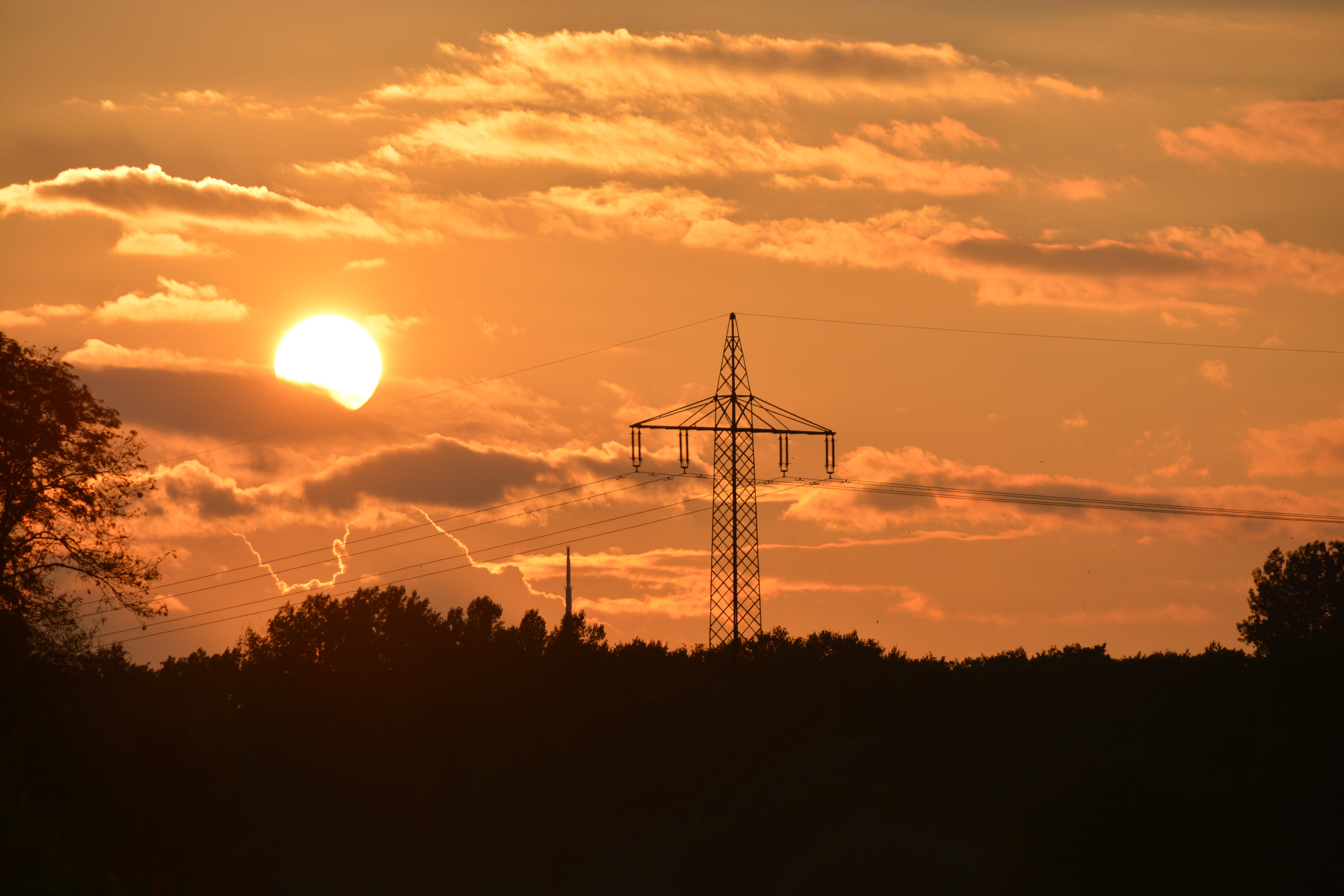 scenics - nature, electrical equipment, electricity, nature, cloud - sky, fuel and power generation, connection, cable, power poles, orange color, no people, HD Wallpaper