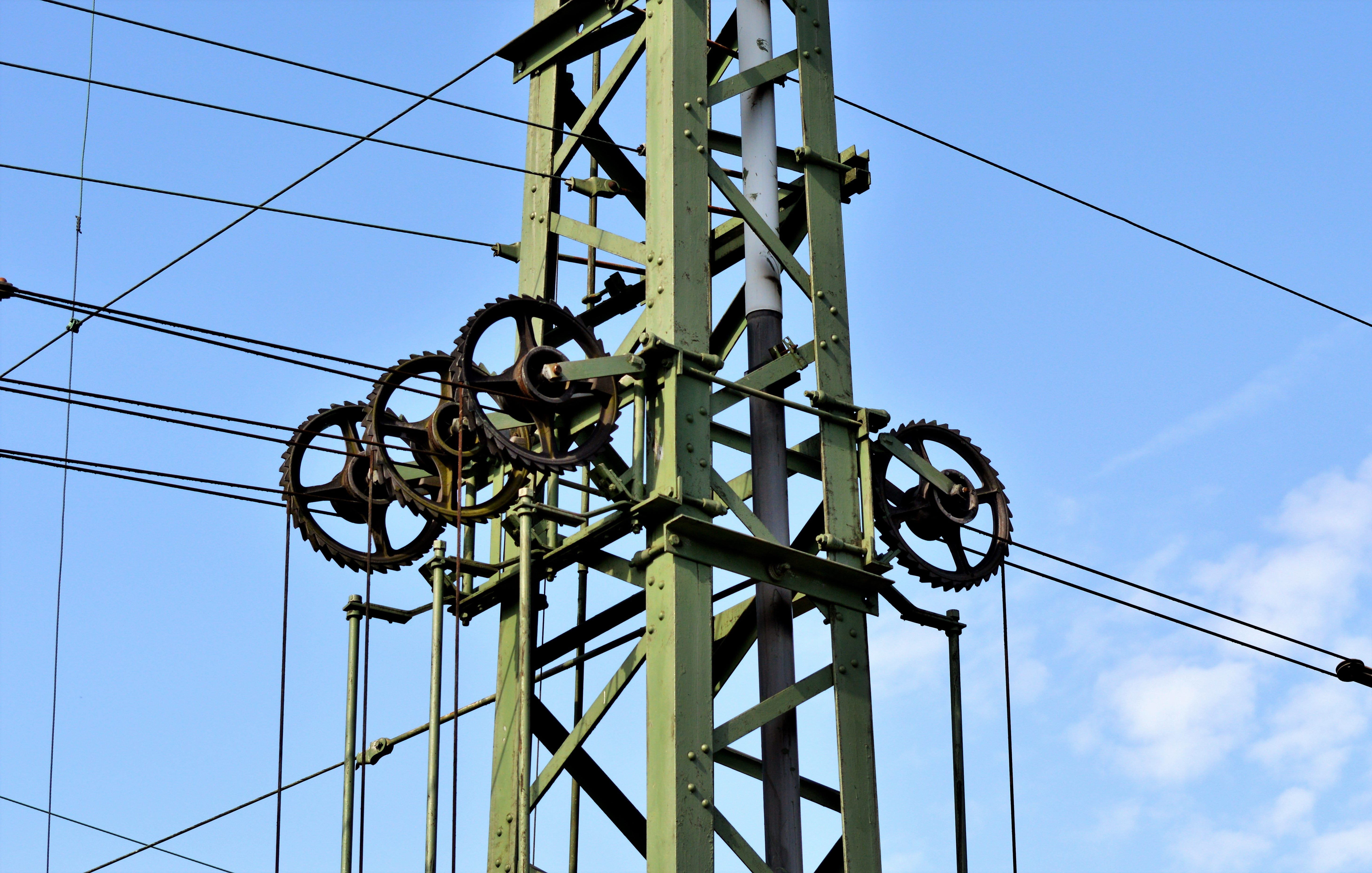 technology, outdoors, upper lines, no people, 5K, fuel and power generation, deutsche bahn, electricity, low angle view, masts, day, connection, railway line, HD Wallpaper