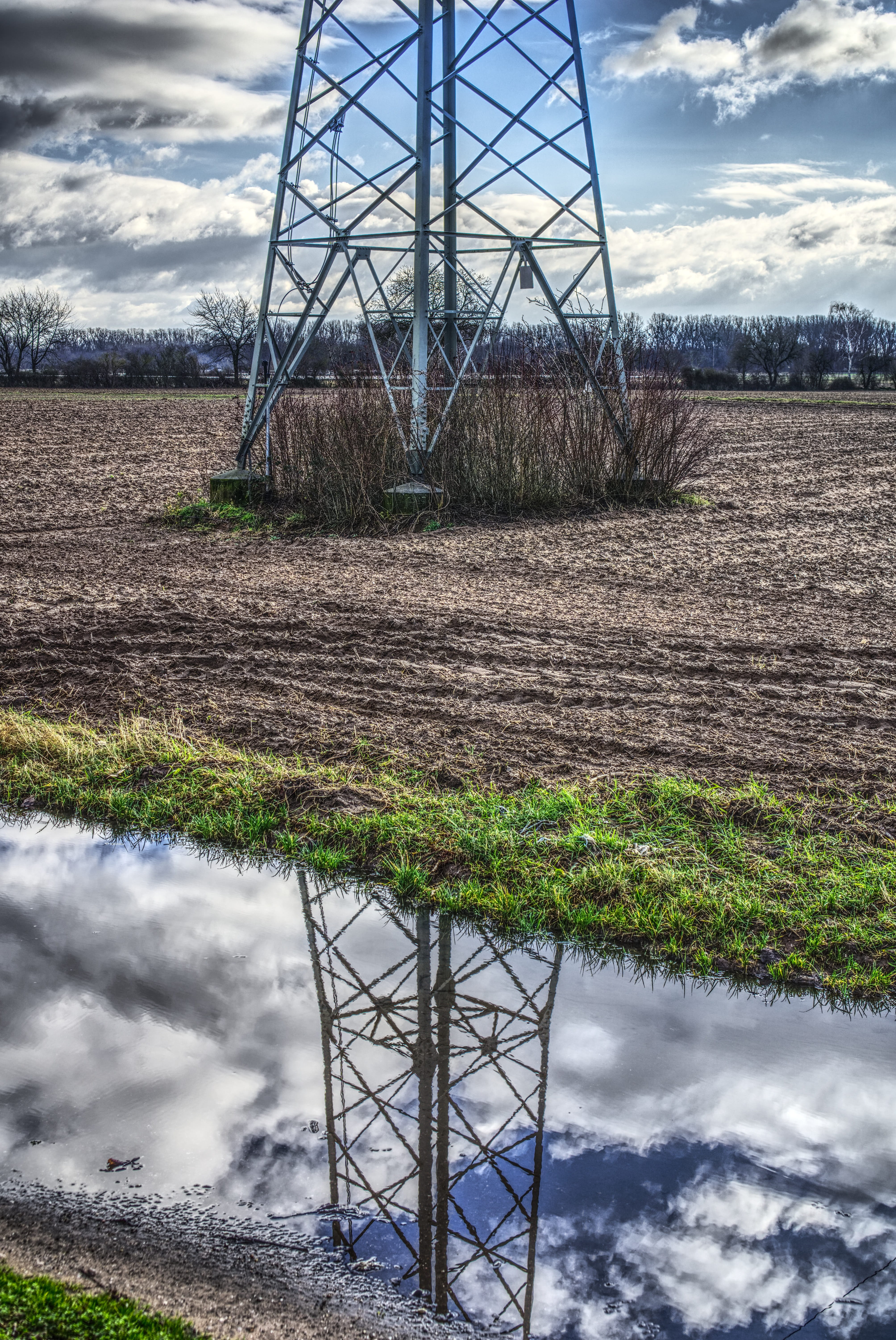 sky, masts, day, line, no people, power supply, built structure, tower, land, power line, cloud - sky, water, wires, outdoors, mirroring, hdr, plant, metal, Phone HD Wallpaper