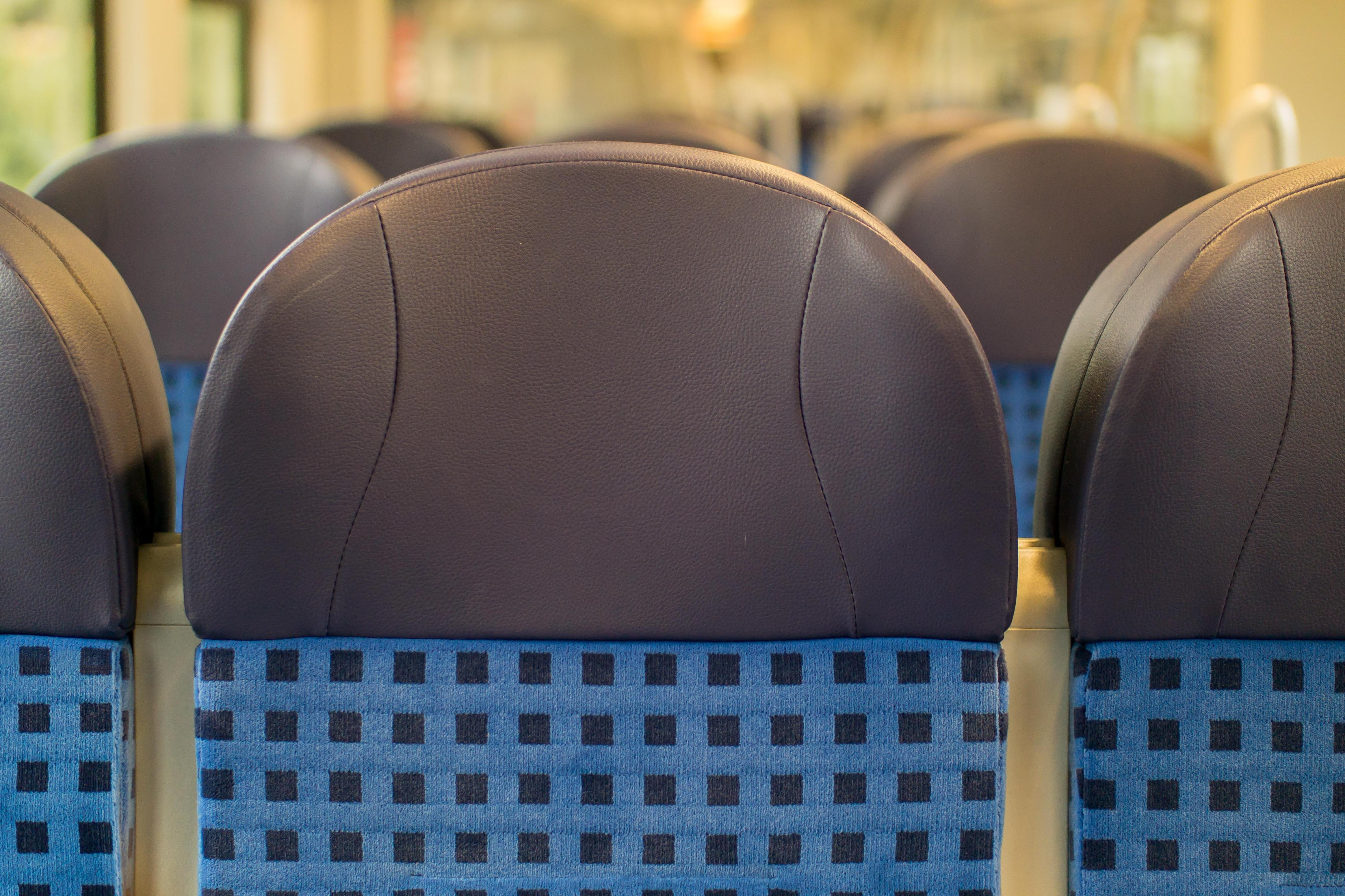 absence, arrangement, side by side, upholstery, day, headrest, in a row, close-up, sport, 4K, zugfahrt, blue, railway, on the go, chair, indoors, man made, HD Wallpaper