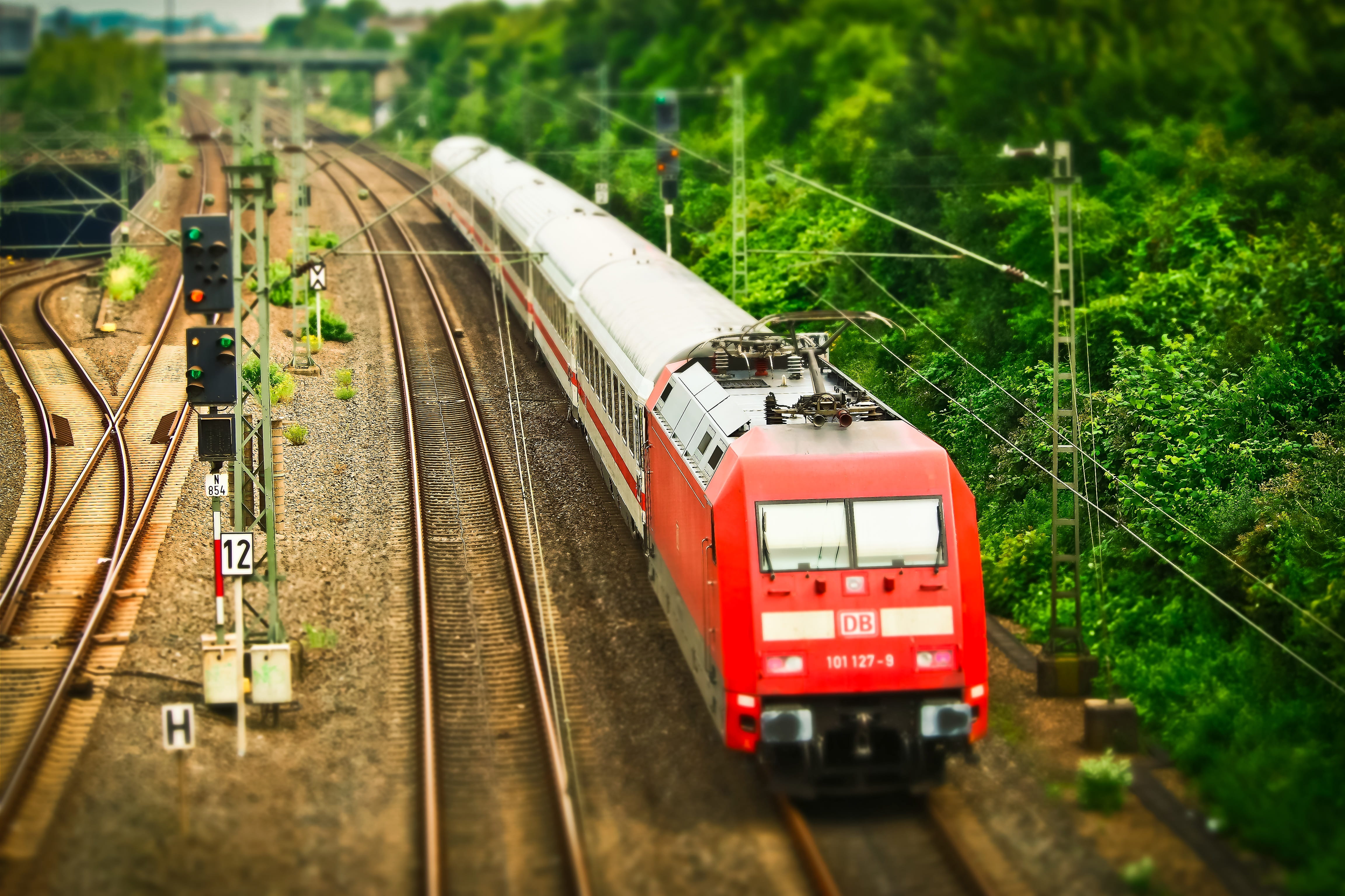 4K, train - vehicle, no people, railway, railroad track, rail transportation, public transportation, red, db, outdoors, passenger train, travel, rails, HD Wallpaper