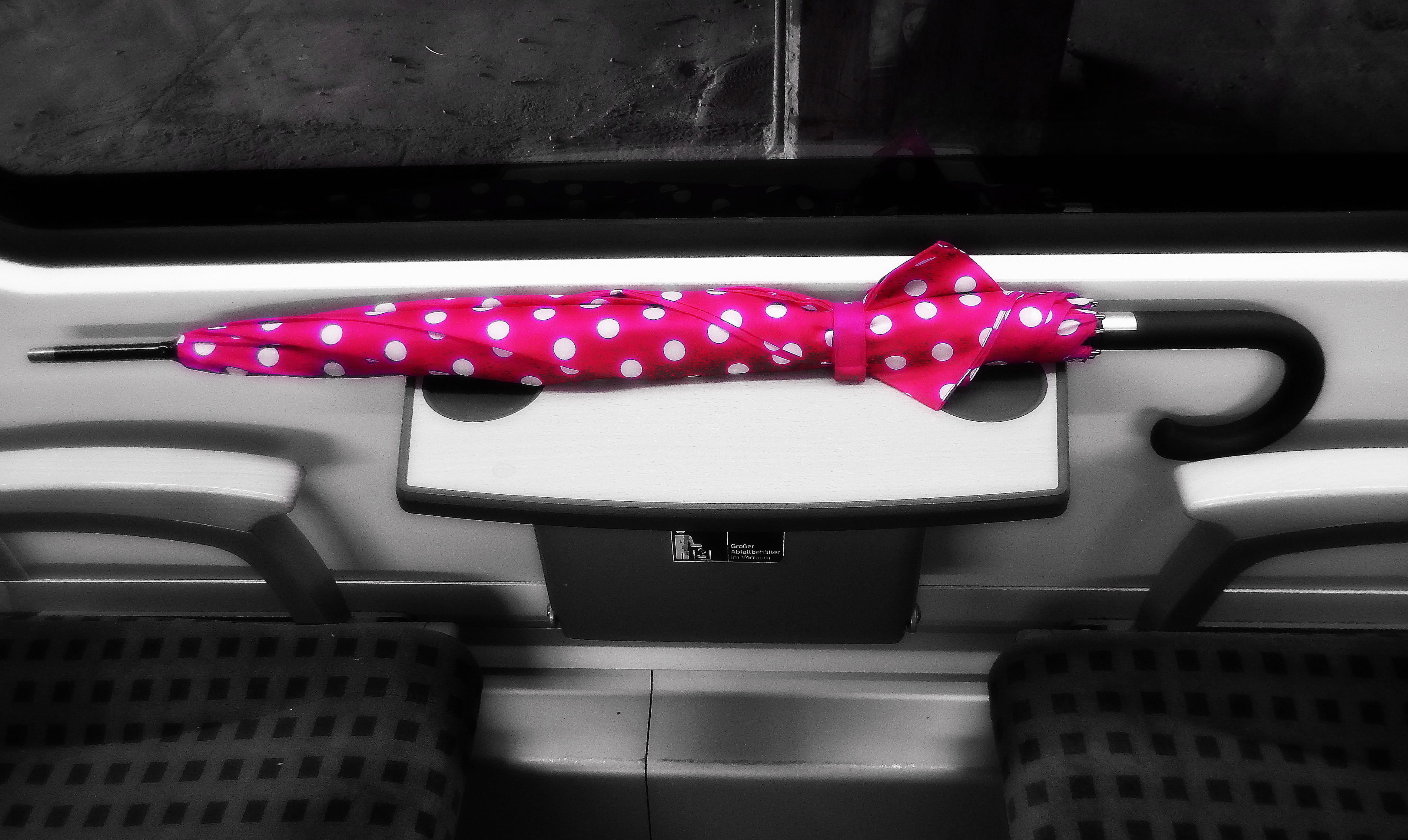 umbrella, transportation, 4K, domestic room, seat, day, close-up, mode of transportation, compartment, emotion, zugfahrt, polka dots, rain, indoors, train, HD Wallpaper