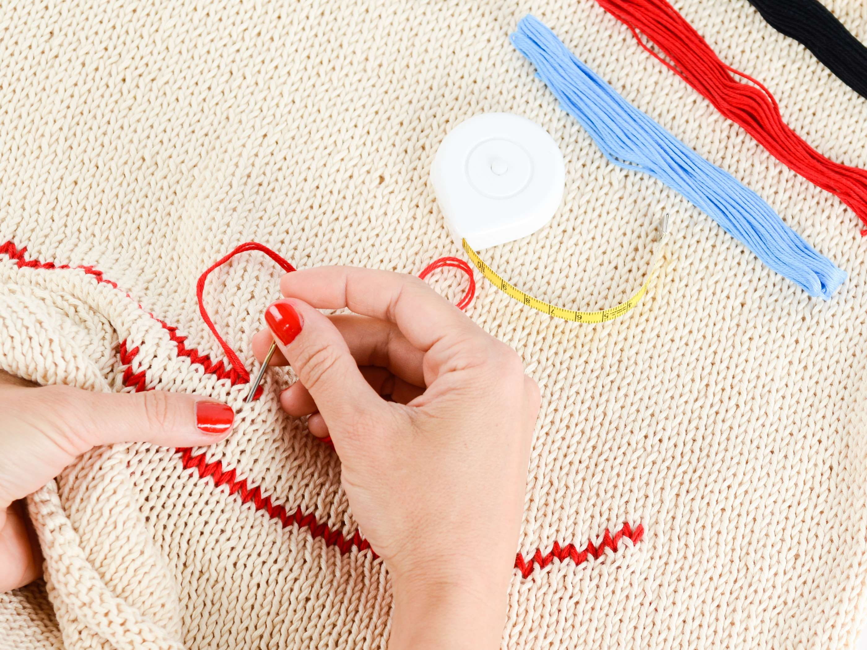 arts and crafts, 2K, colourful, body part, adult, pattern, thread, colorful, knitwear, skill, indoors, embroidery, human body part, high angle view, hands, HD Wallpaper