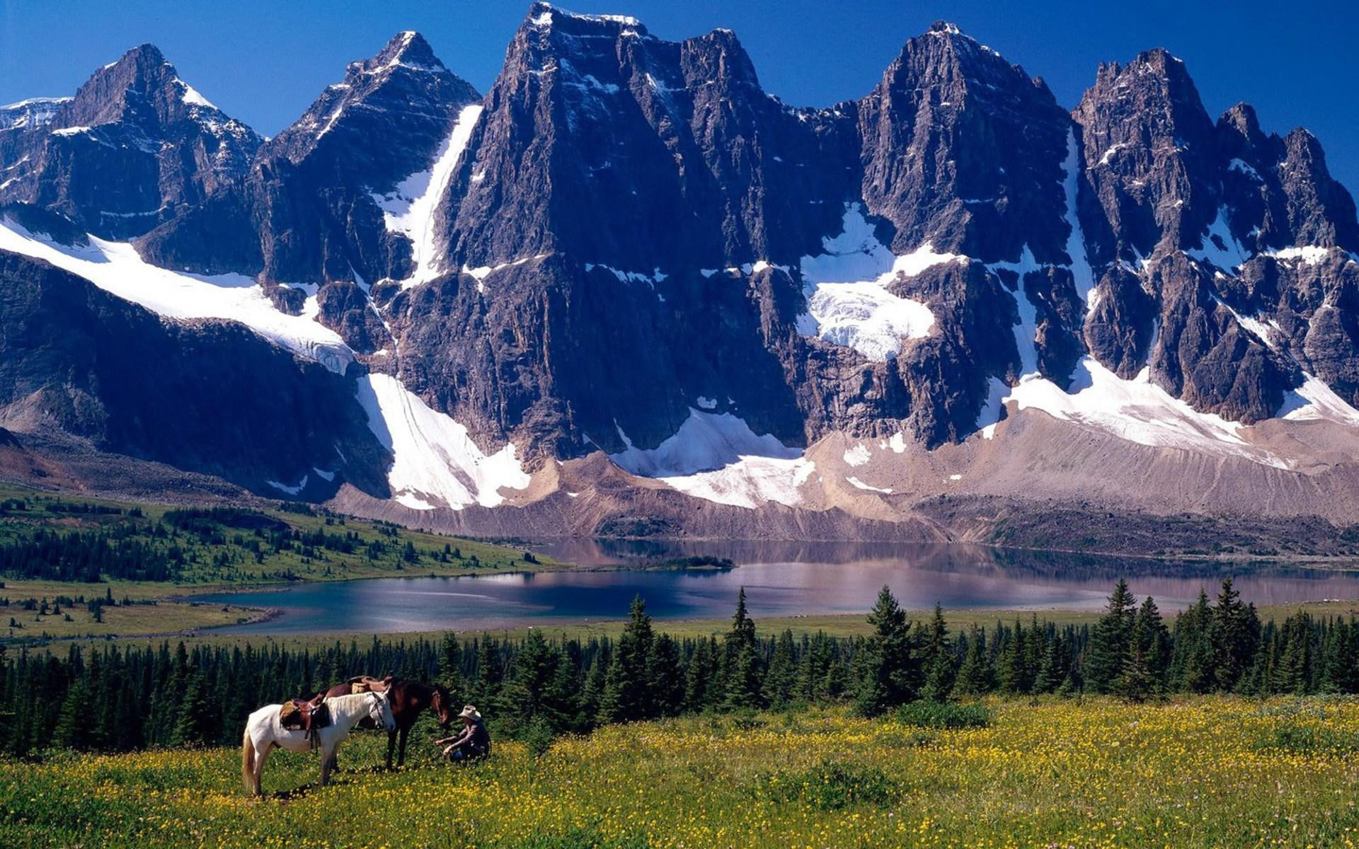 meadow, 1080P, lake, nature, extraordinary, coyboy, mountains, horses, cowboy, HD Wallpaper
