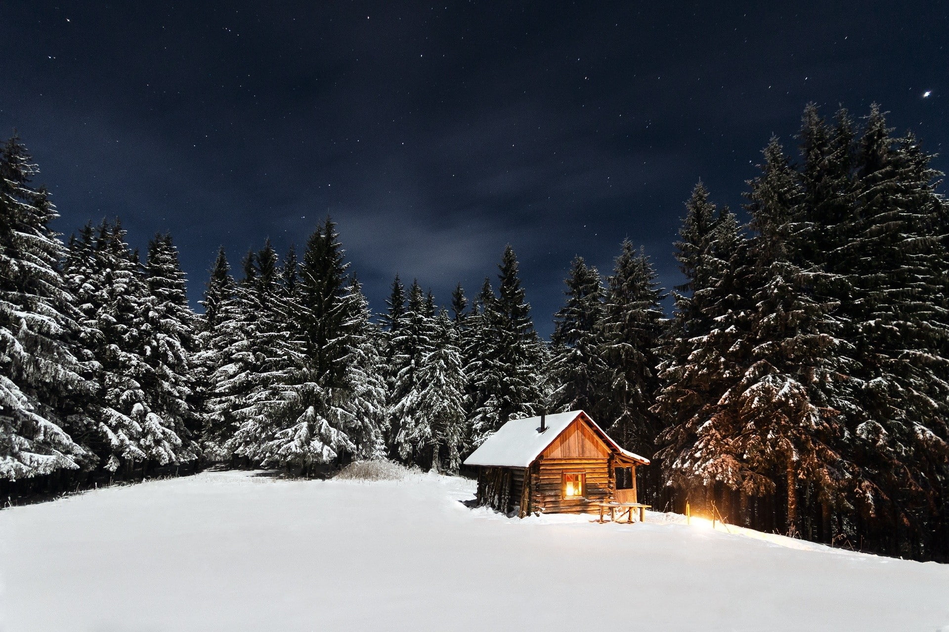 pine trees, 1080P, snow, stars, cabin, HD Wallpaper
