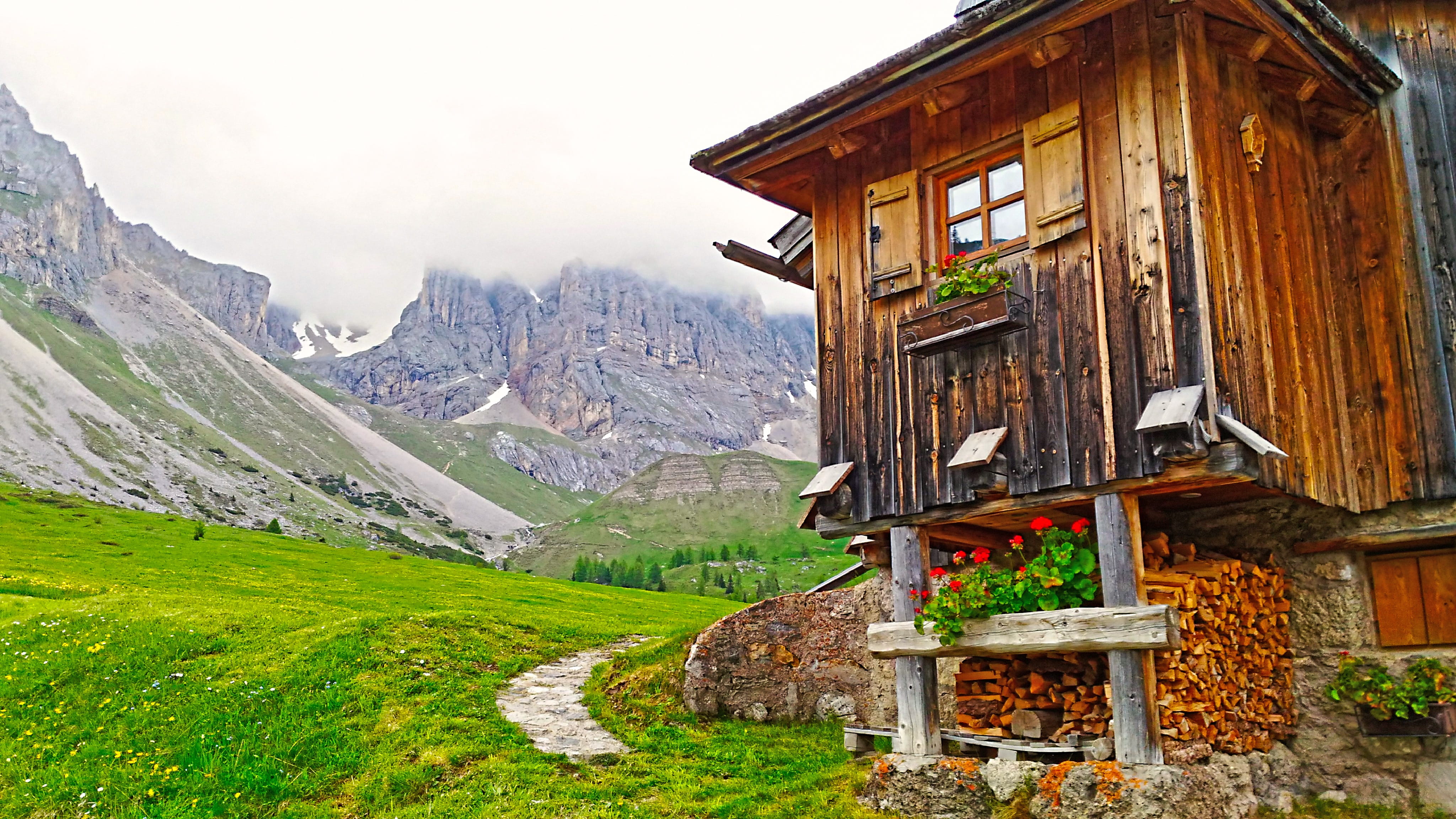 architecture, mountain Range, built structure, Refuge, scenics, landscape, village, building, mountain, no People, cold temperature, dolomites, snow, house, HD Wallpaper