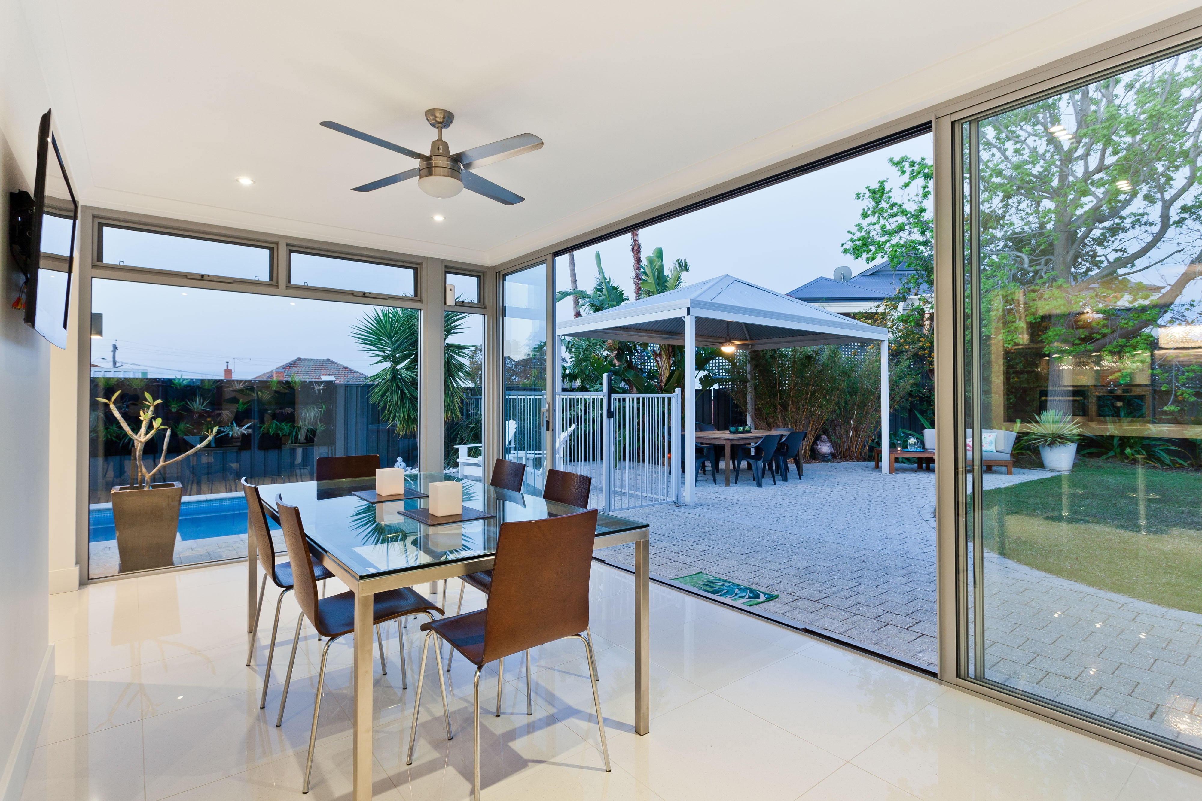 entertaining, near, dining table, wealth, kitchen, door, rectangular, chair, living, lighting equipment, table, alfresco, water, open, modern, swimming pool, HD Wallpaper