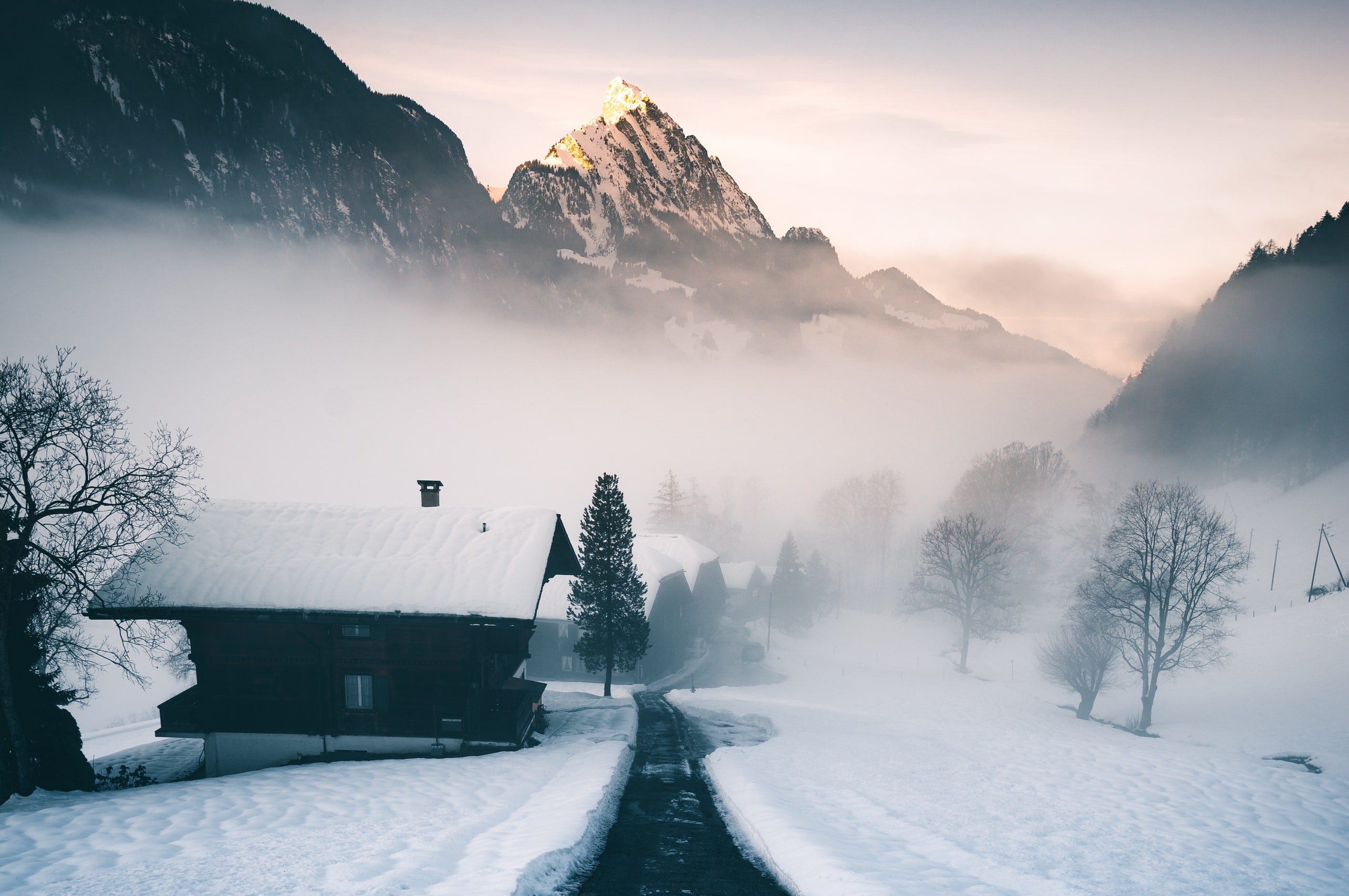 mist, covering, beauty in nature, building exterior, nature, cold temperature, architecture, plant, mountain, fog, mountain range, Alps, winter, sky, tree, HD Wallpaper