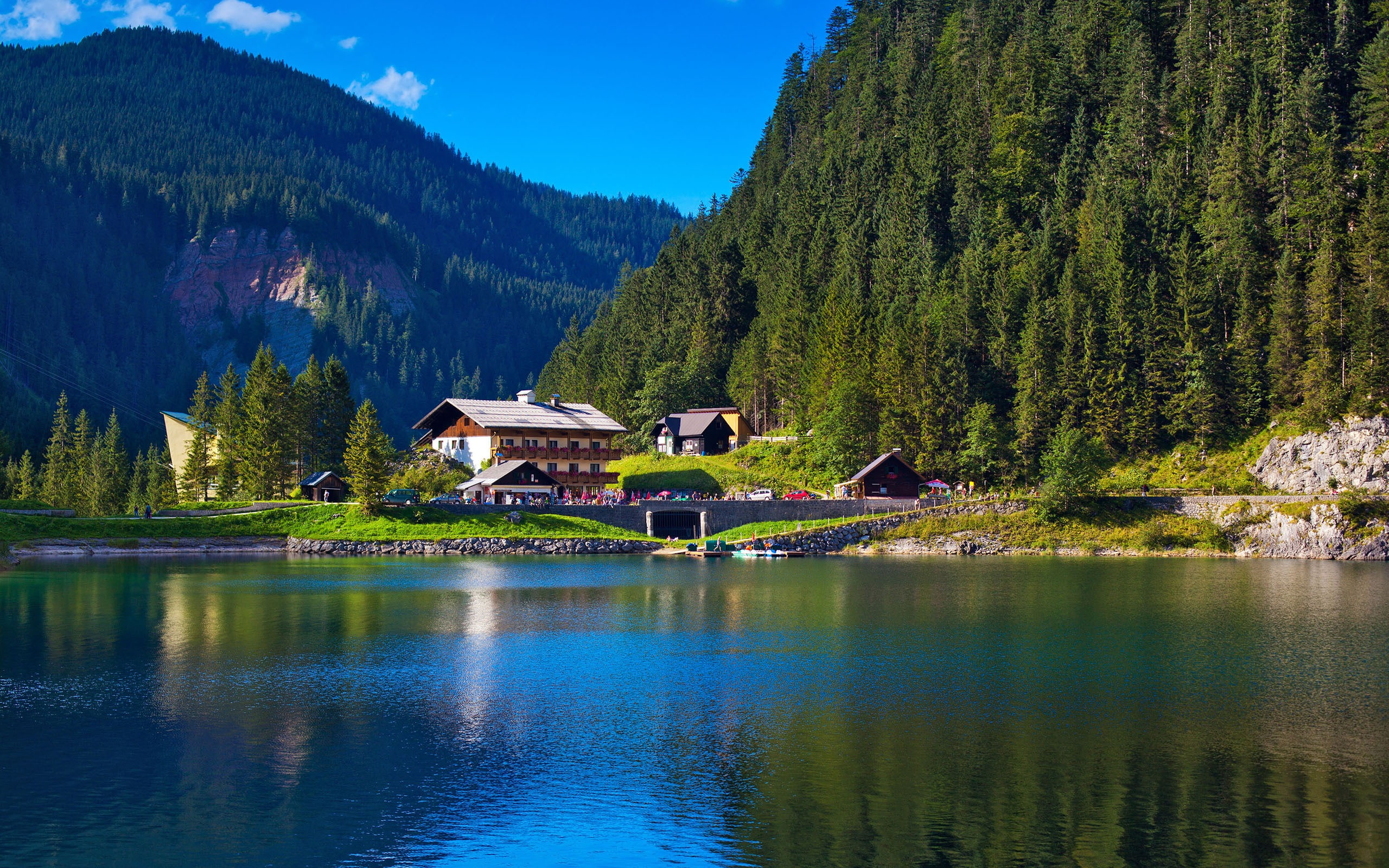 alps, tranquil scene, beauty in nature, building, nature, plant, cottage, high, tree, scenics - nature, mountains, waterfront, lake, chalet, austria, water, HD Wallpaper