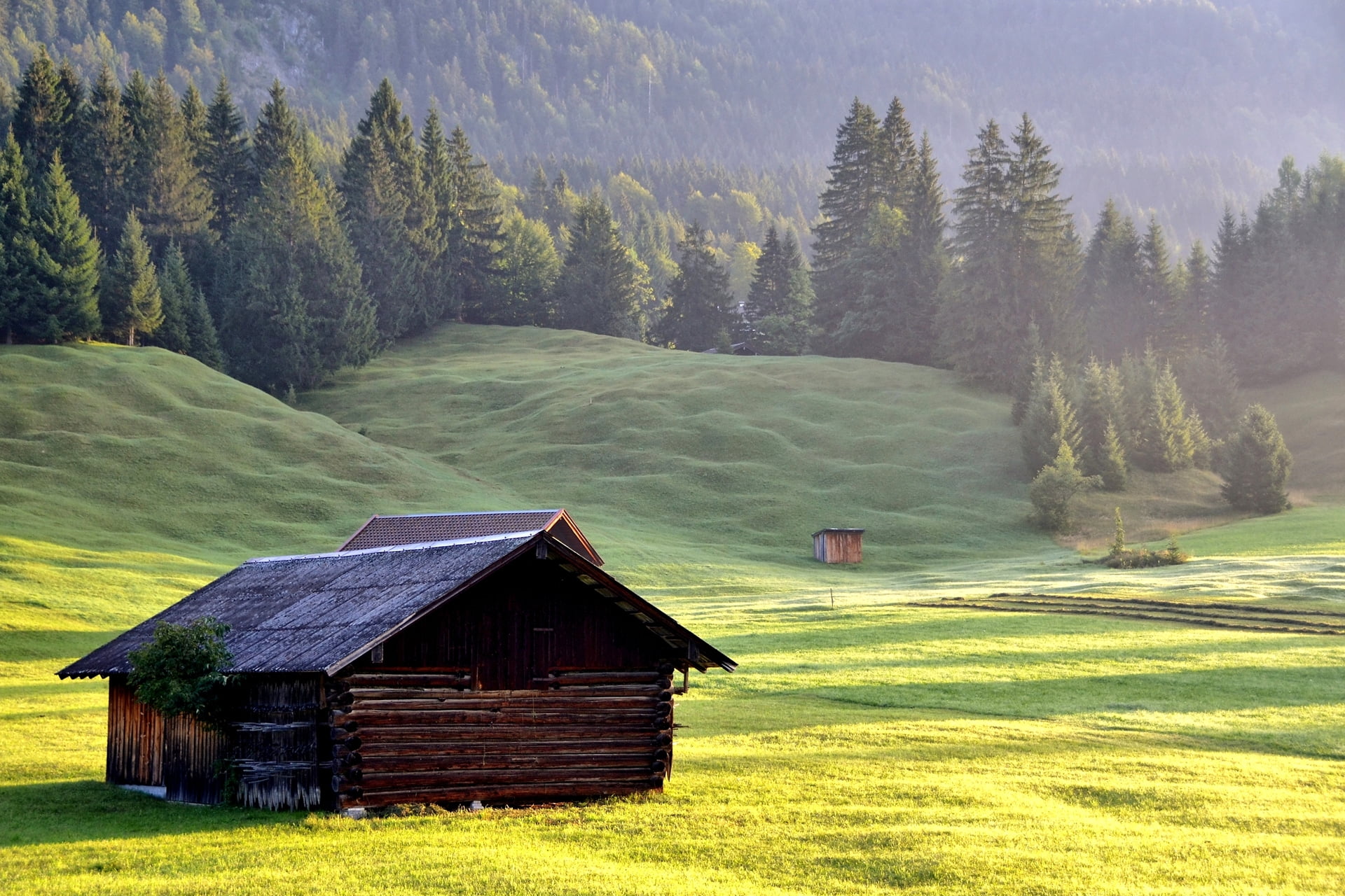 europe, old, building exterior, mountain Range, mountain, architecture, hut, cabin, relief, forest, woodland, agriculture, summer, green Color, lighting, HD Wallpaper