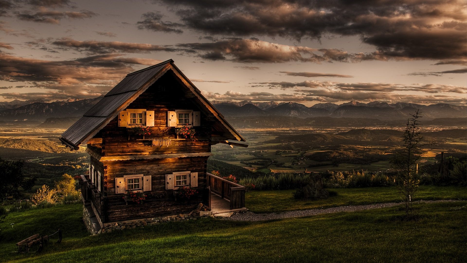 alps, Clouds, hd, mountains, 1080P, architecture, landscapes, houses, art, x, chalets, HD Wallpaper