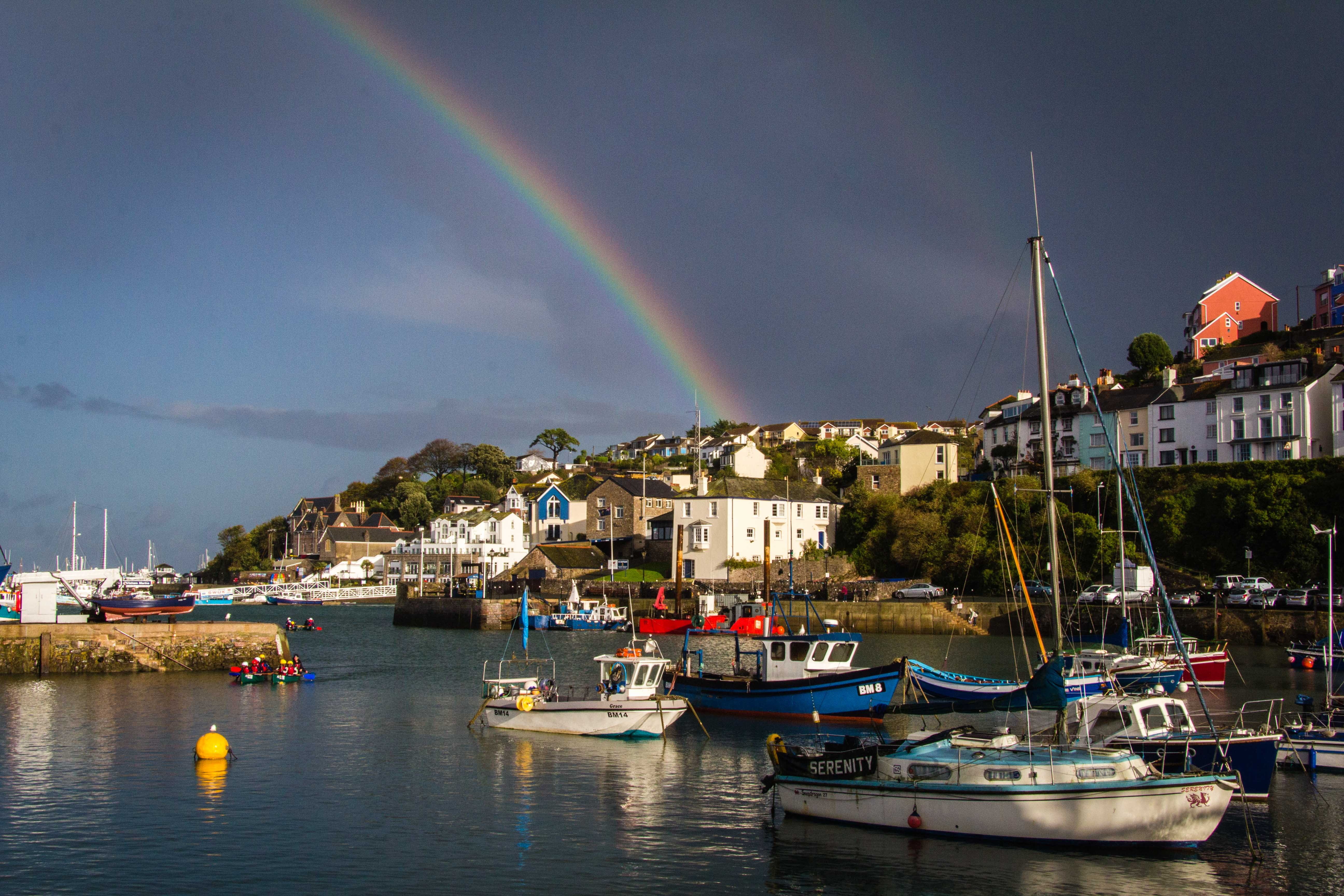 town, coastal, water, england, no people, coast, ocean, architecture, transportation, 5K, multi colored, Harbour, quay, building exterior, cloud - sky, HD Wallpaper