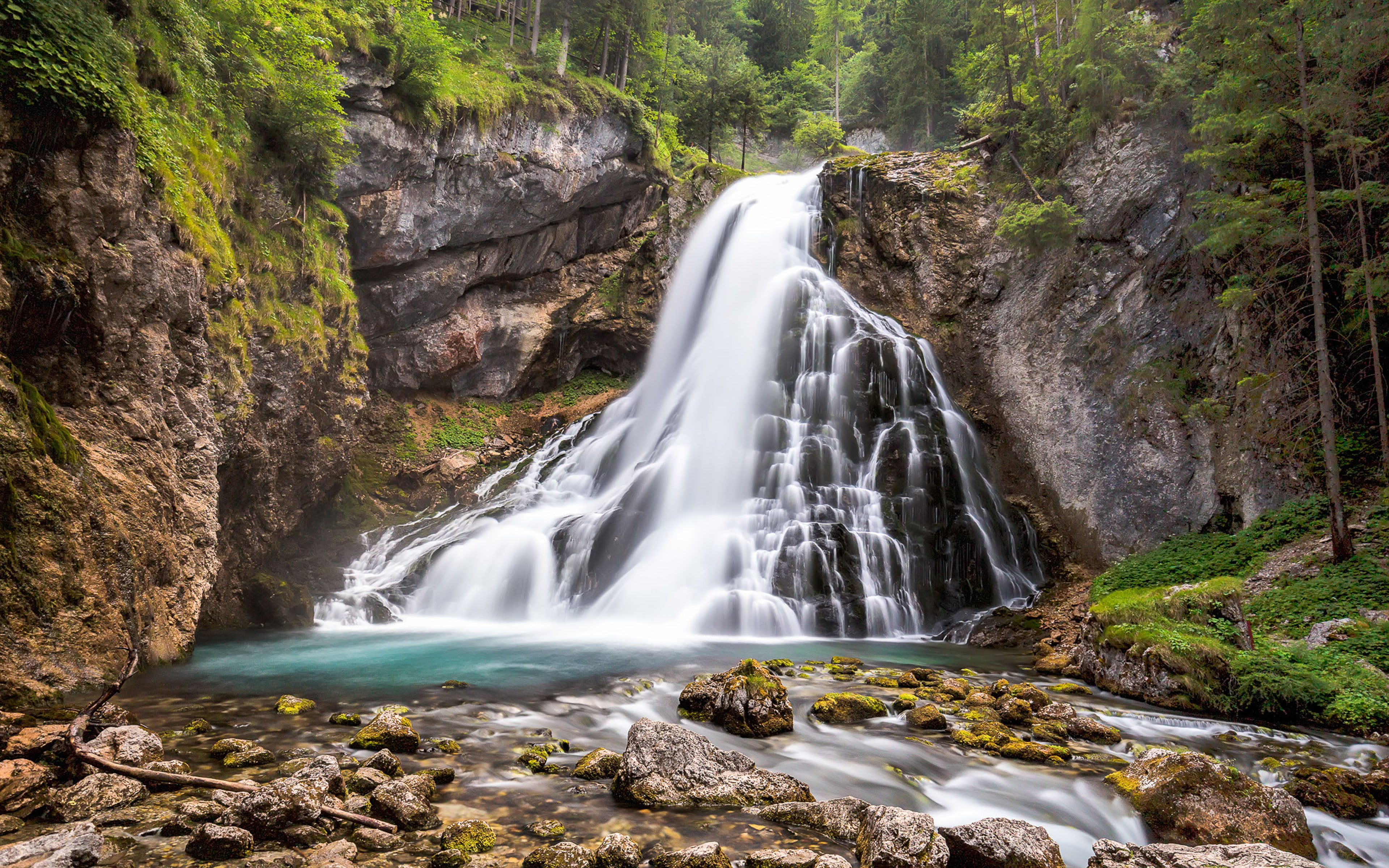 falling water, 4K, cold, austria, solid, environment, non-urban scene, rock - object, plant, rainforest, land, desktop, flowing water, beauty in nature, HD Wallpaper