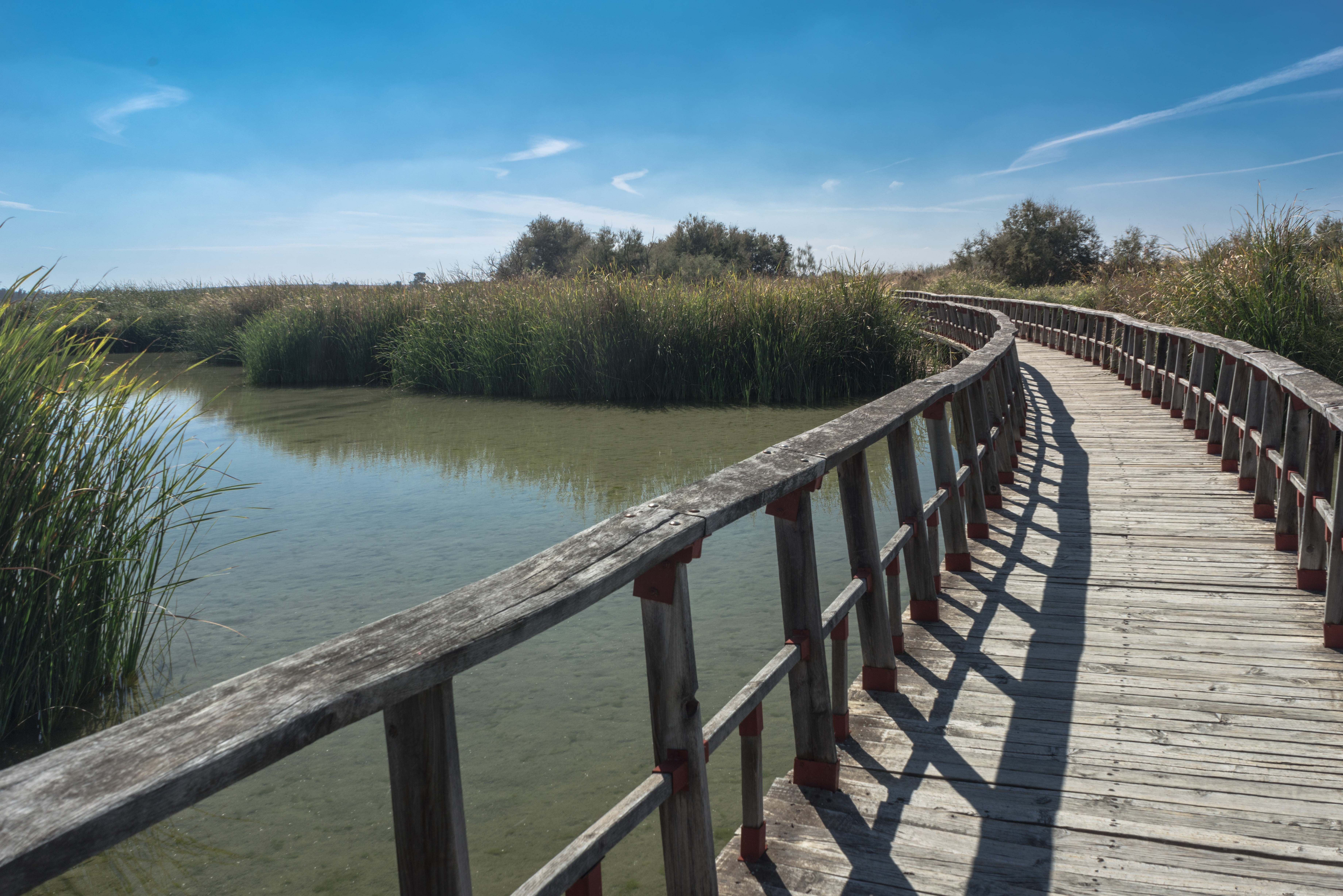 wooden, summer, beauty in nature, reflection, spain, landscape, bridge - Man Made Structure, fishing, plant, follow, river, no people, outdoors, clouds, HD Wallpaper