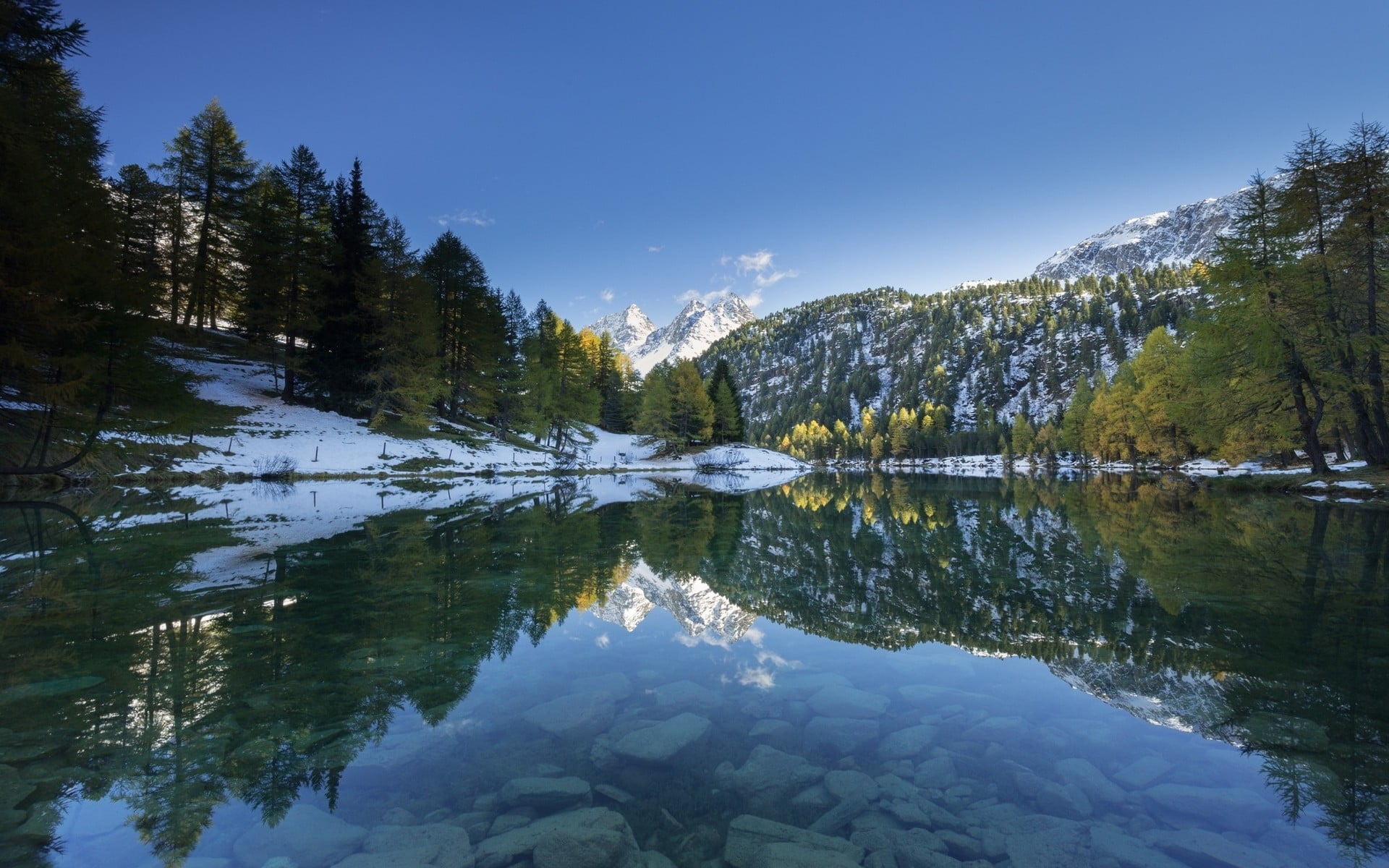 symmetry, Alps, tranquil scene, mountain, outdoors, snow, non-urban scene, beauty in nature, day, mountains, scenics - nature, lake, no people, sky, tranquility, HD Wallpaper