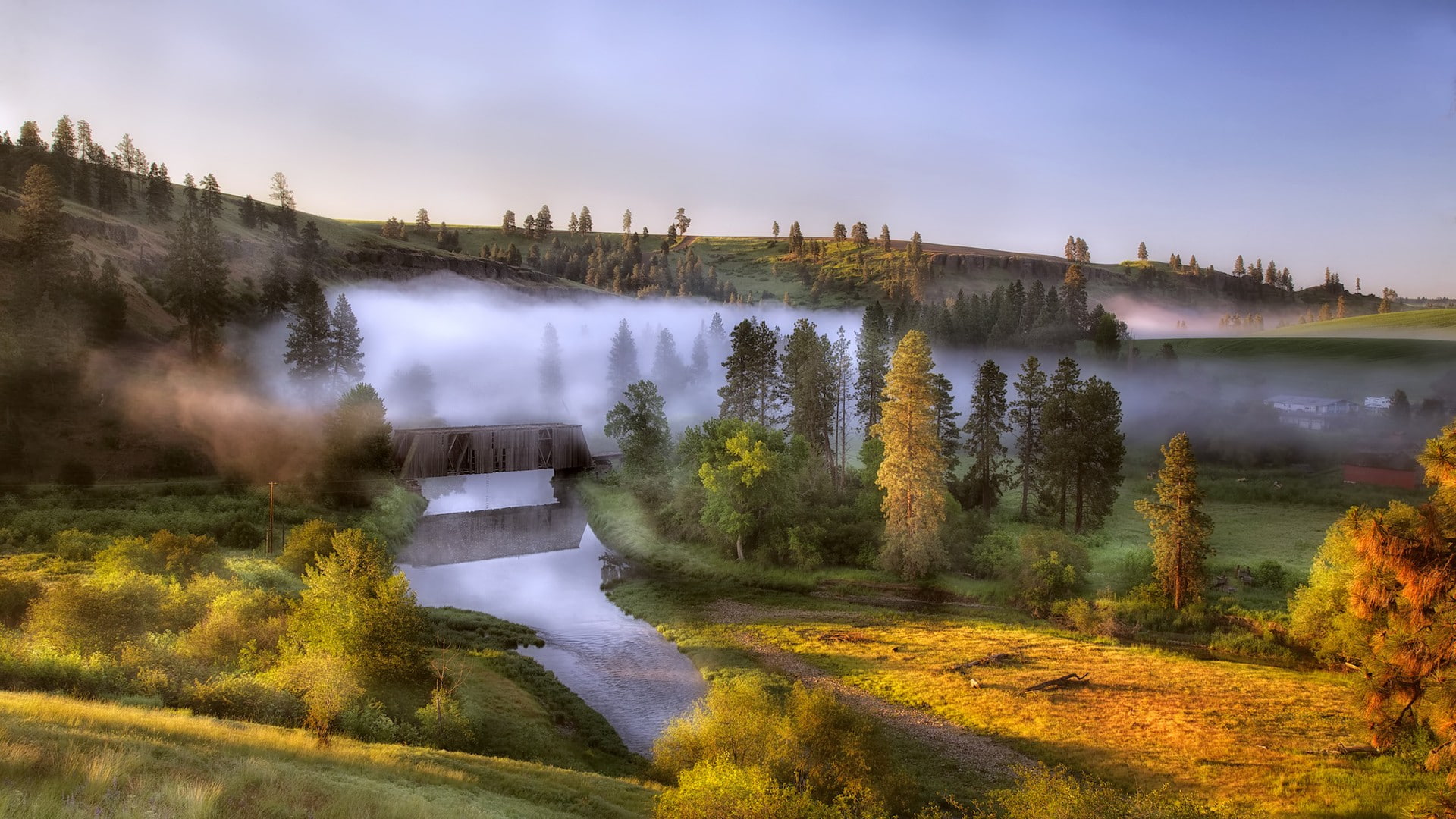1080P, mist, river, landscape, wooden bridge, hills, nature, HD Wallpaper