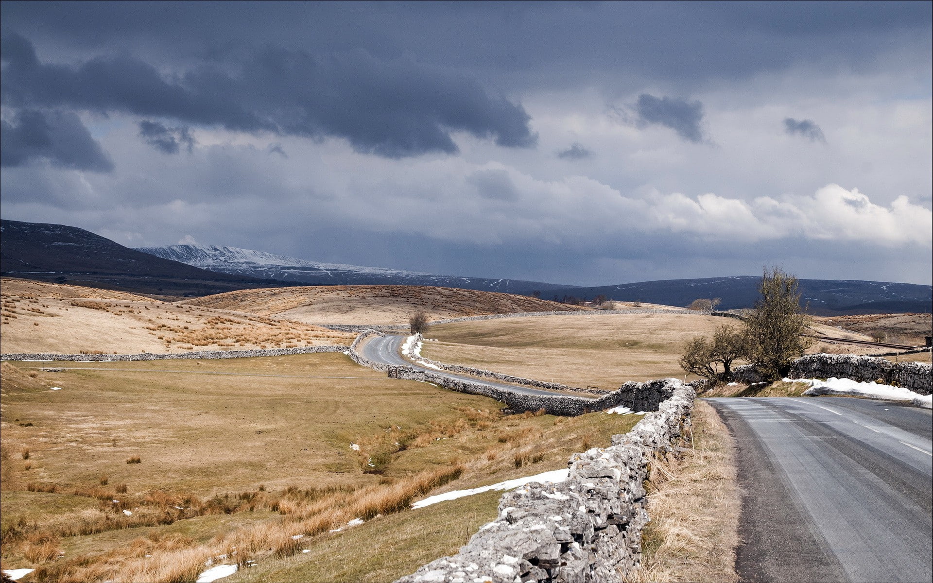 transportation, the way forward, overcast, sky, mountain, nature, land, 1080P, hills, stone wall, scenics - nature, cloud - sky, field, day, road, no people, HD Wallpaper