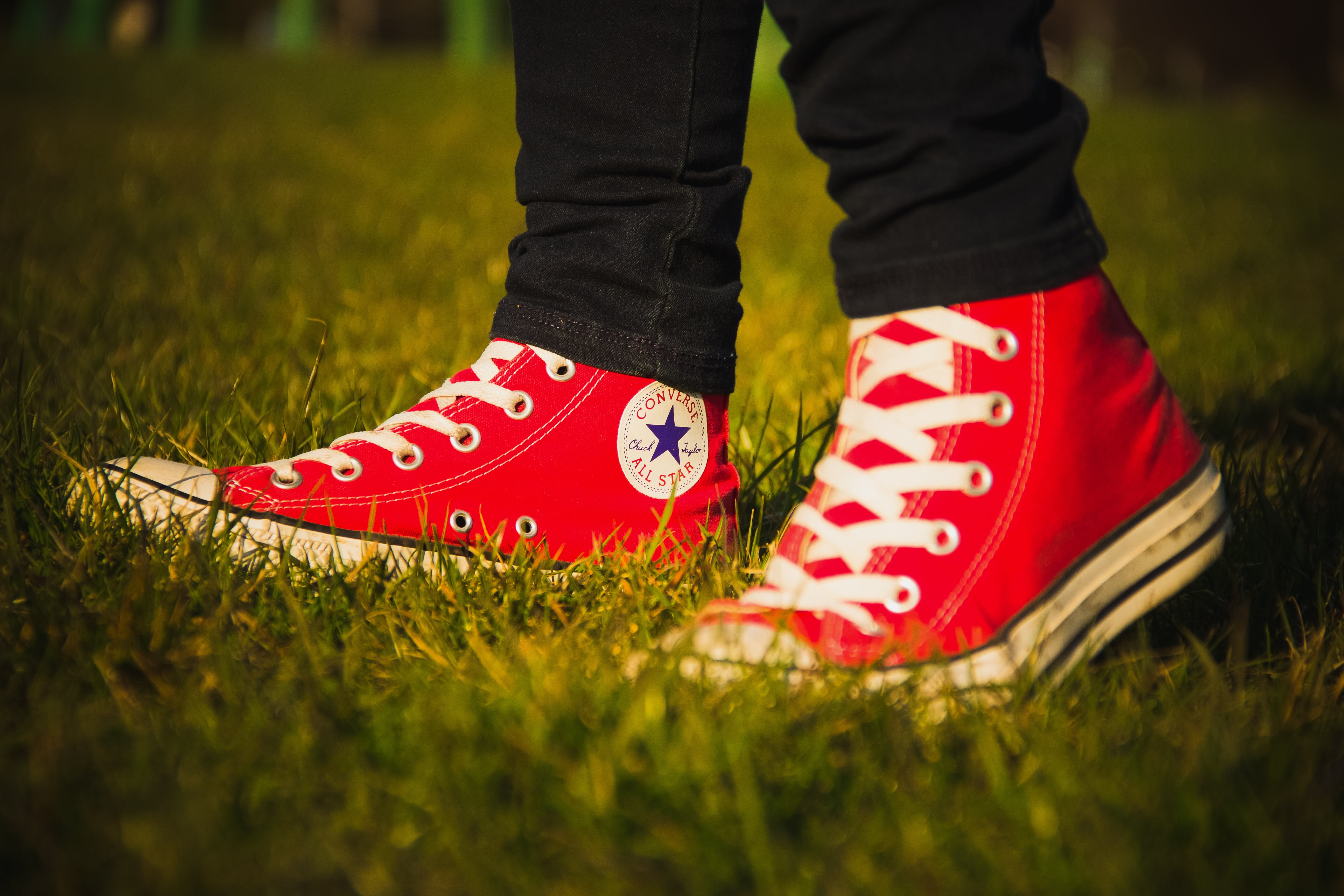 shoe, high, top, fashion, star, classic, walk, red, 5K, field, standing, converse, human limb, body part, sport, jogging, pair, one person, human body part, HD Wallpaper