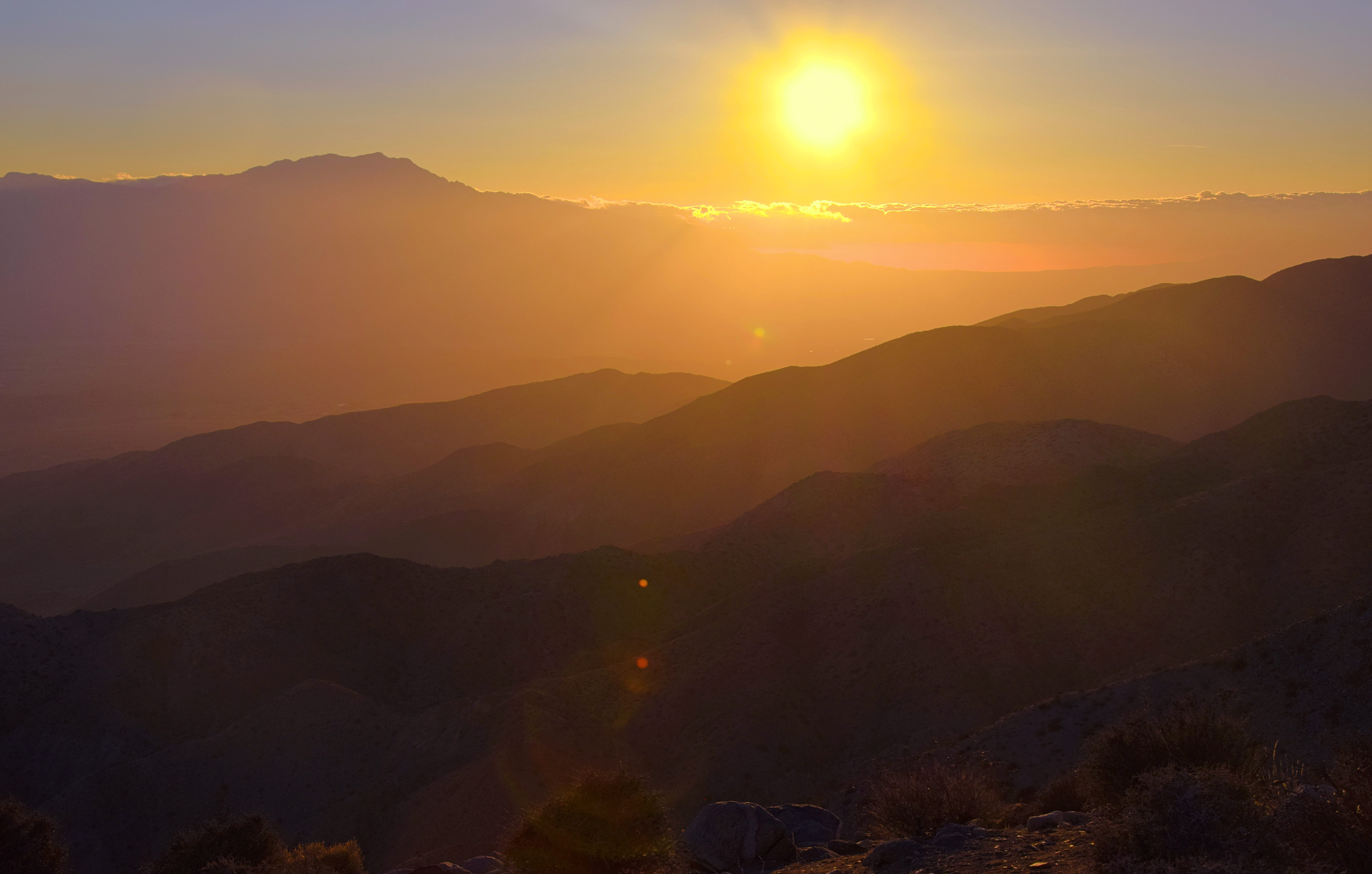 nature, lens, land, mountain, no people, sun, joshua tree, mountain peak, fog, tranquil scene, hike, tranquility, background, explore, unites states, sunrise - dawn, HD Wallpaper