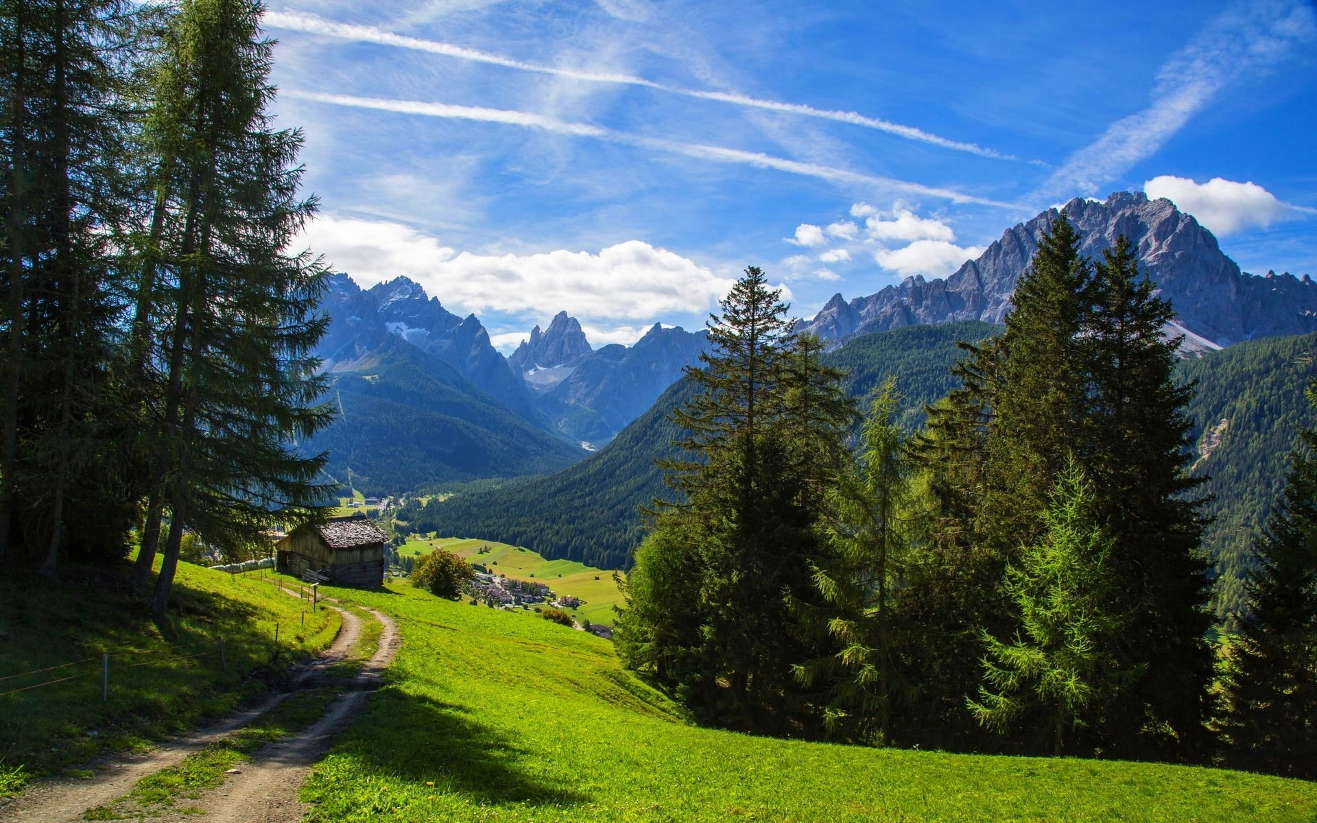 valley, Alps, dirt road, 1080P, nature, mountains, cottage, HD Wallpaper