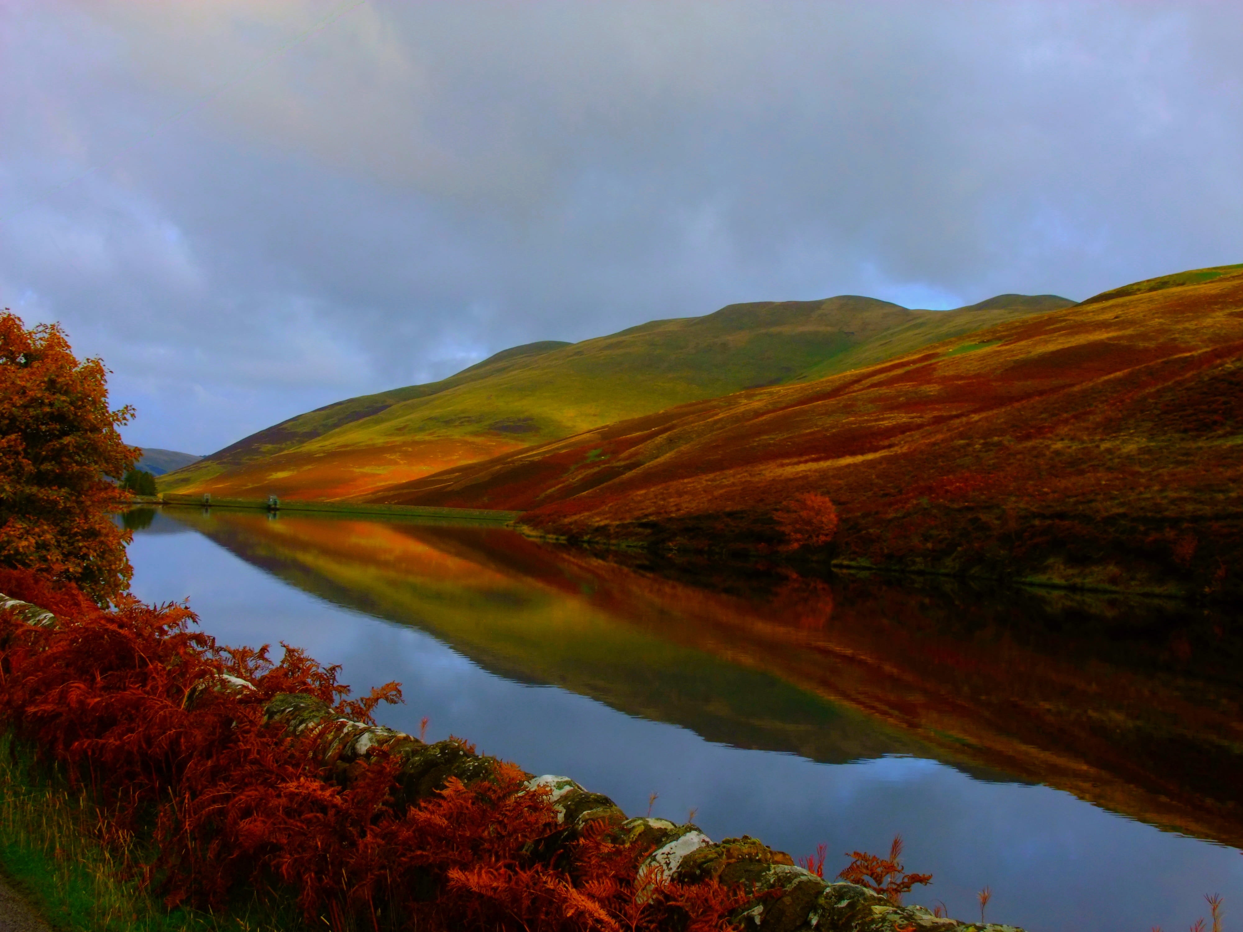 lake, nature, hole, plant, hill, sky, idyllic, mountain range, day, reflection, water reservoir, mountain, 4K, tranquil scene, outdoors, scotland, tranquility, HD Wallpaper