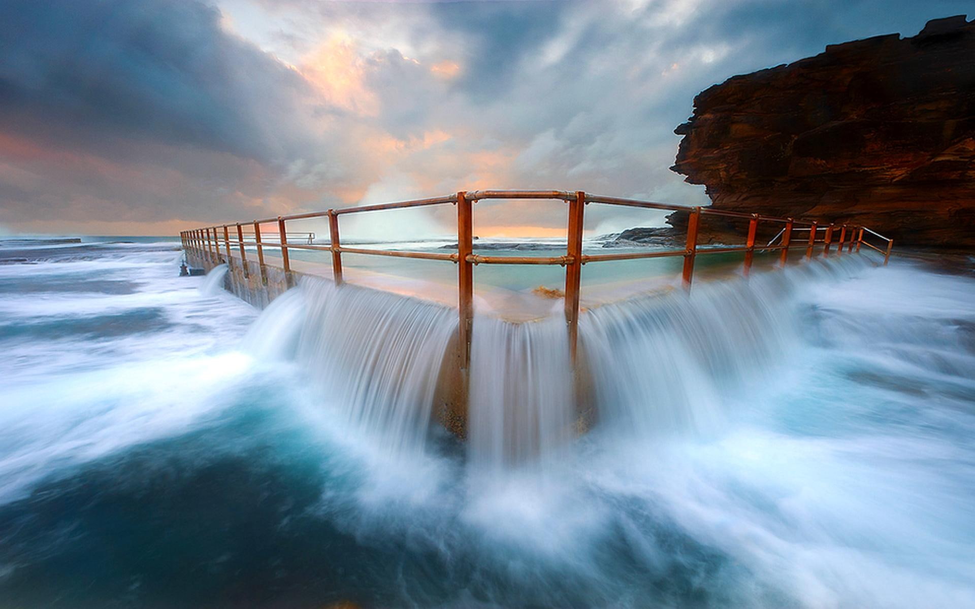 overflow, beach, 3d and abstract, beach pool, pool, 1080P, rock, HD Wallpaper