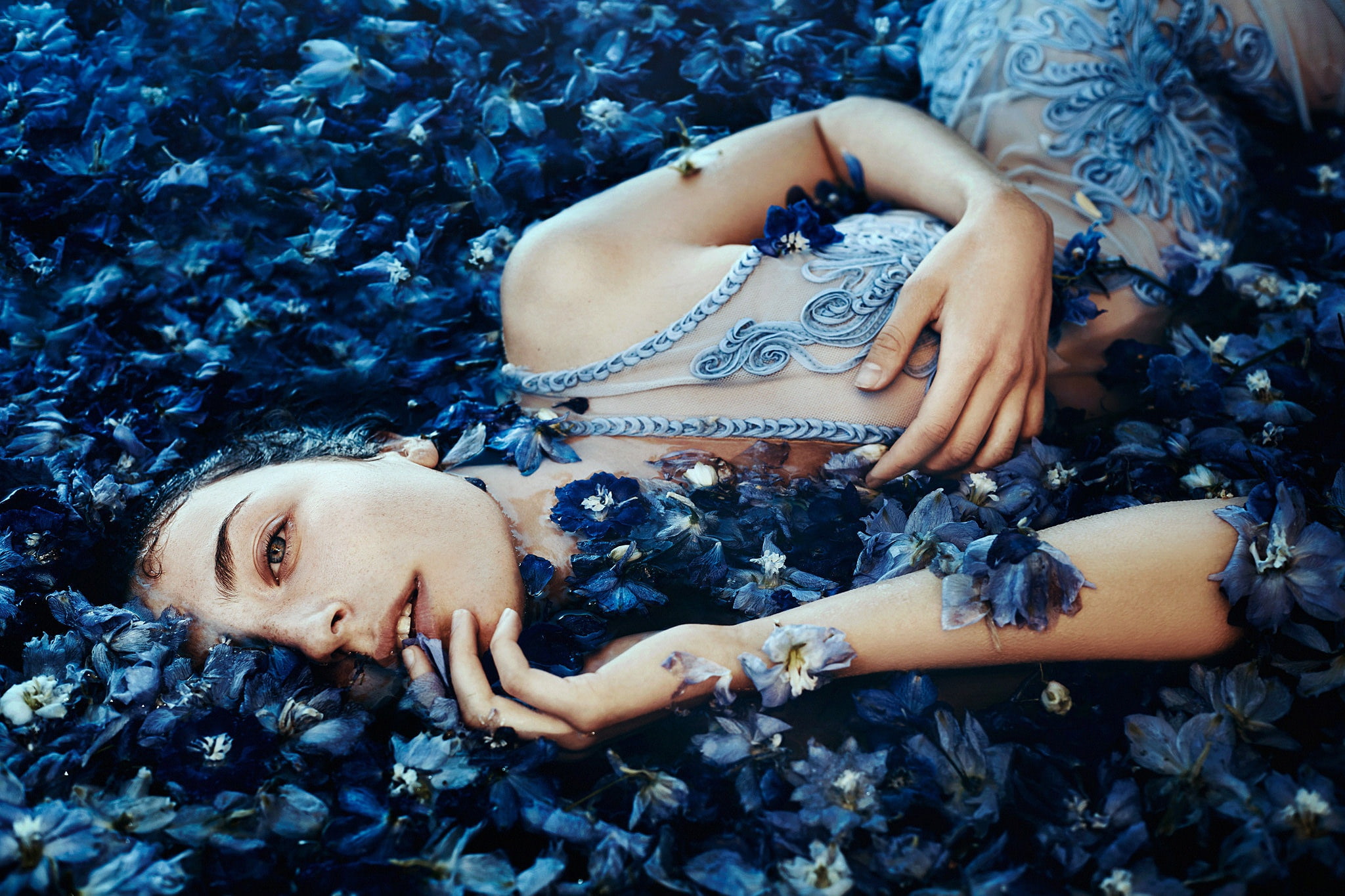 girl, Ella Grace Denton, Bella Kotak, look, mood, flowers, petals, A sea of blue flowers, 1080P, HD Wallpaper
