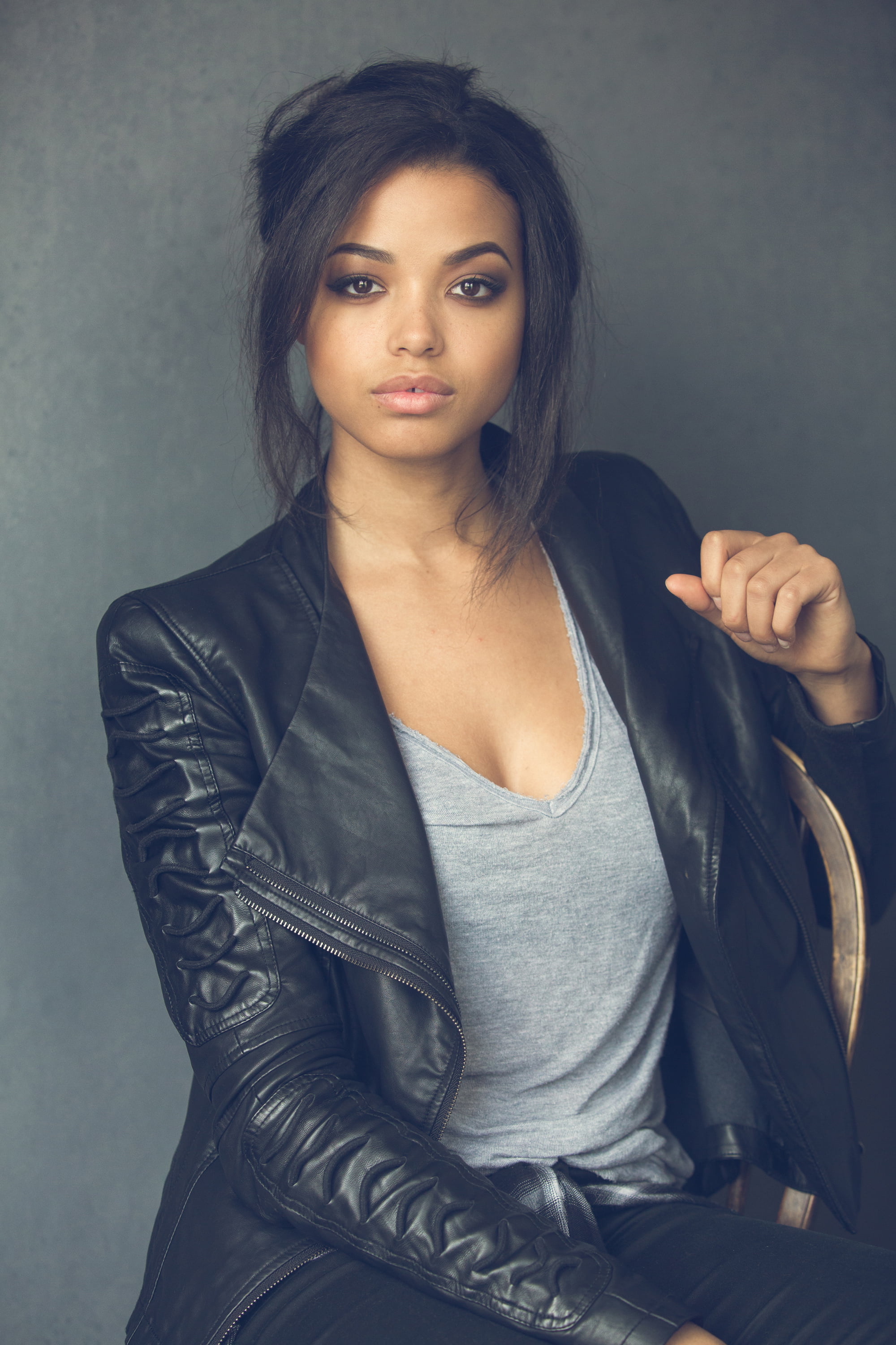 black jackets, ebony, dark hair, leather jackets, women, Ella Balinska, actress, 2K, Phone HD Wallpaper