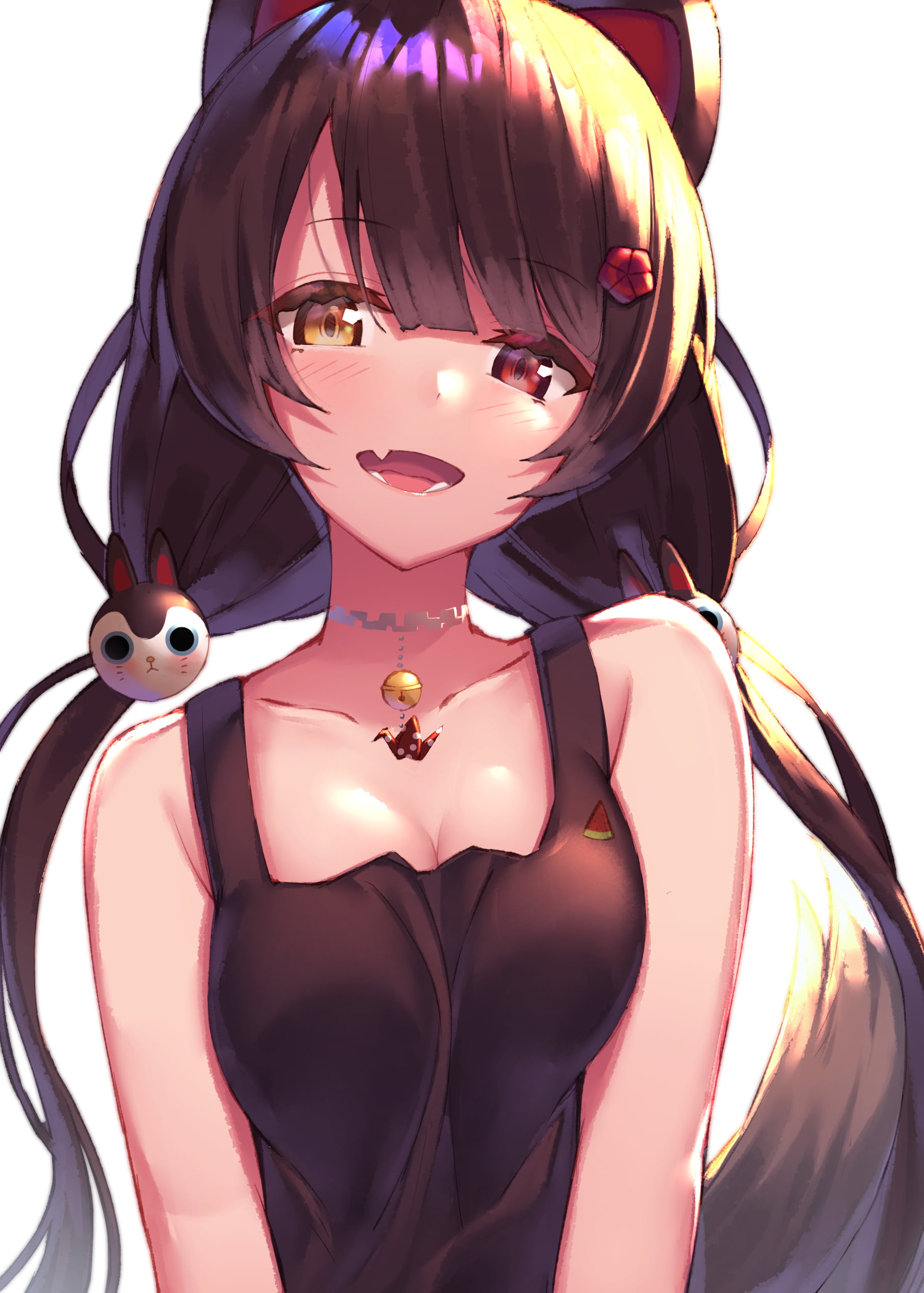 fangs, black hair, open mouth, Virtual Youtuber, long hair, bangs, cat ears, collar bone, animal ears, heterochromia, choker, tank top, smiling, white background, Phone HD Wallpaper