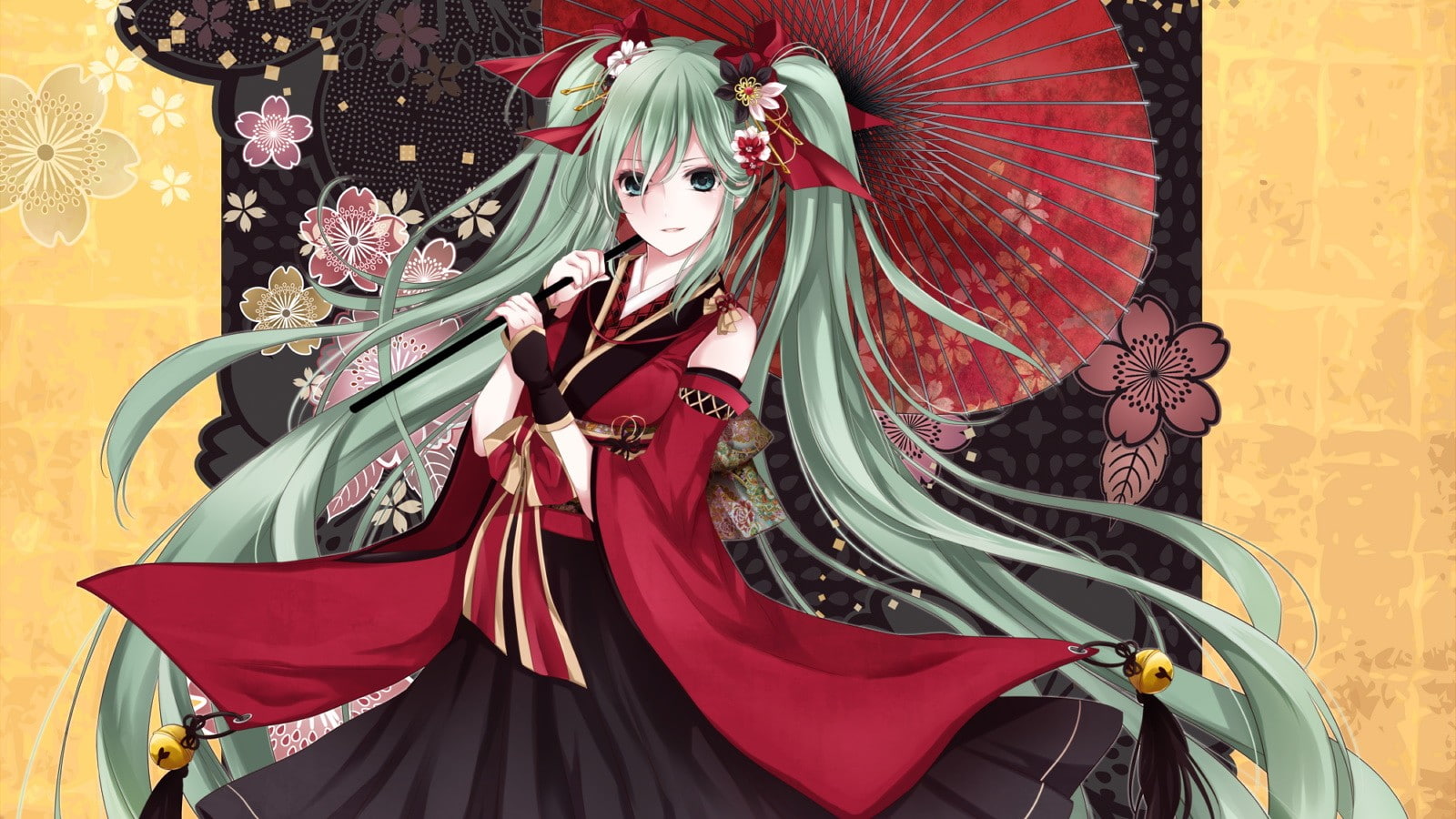 long, sleeves, blossoms, bare, girls, vocaloid, shoulders, miku, cherry, green, anime, japanese, hair, bells, flower, eyes, detached, open, twintails, mouth, HD Wallpaper
