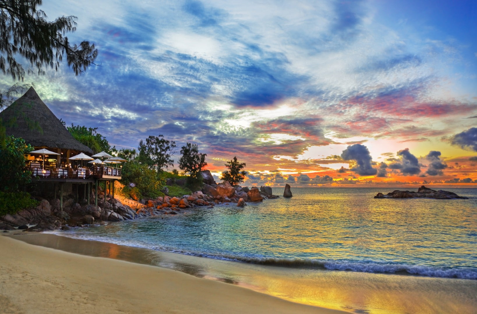 sunset, 720P, tropical, landscape, beach, resort, orange sky, sea, Africa, HD Wallpaper