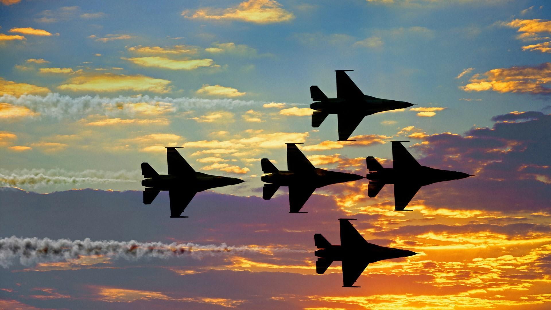 aircraft, skies, flying, 1080P, airplane, sunset, fly, air force, formation, sky, HD Wallpaper
