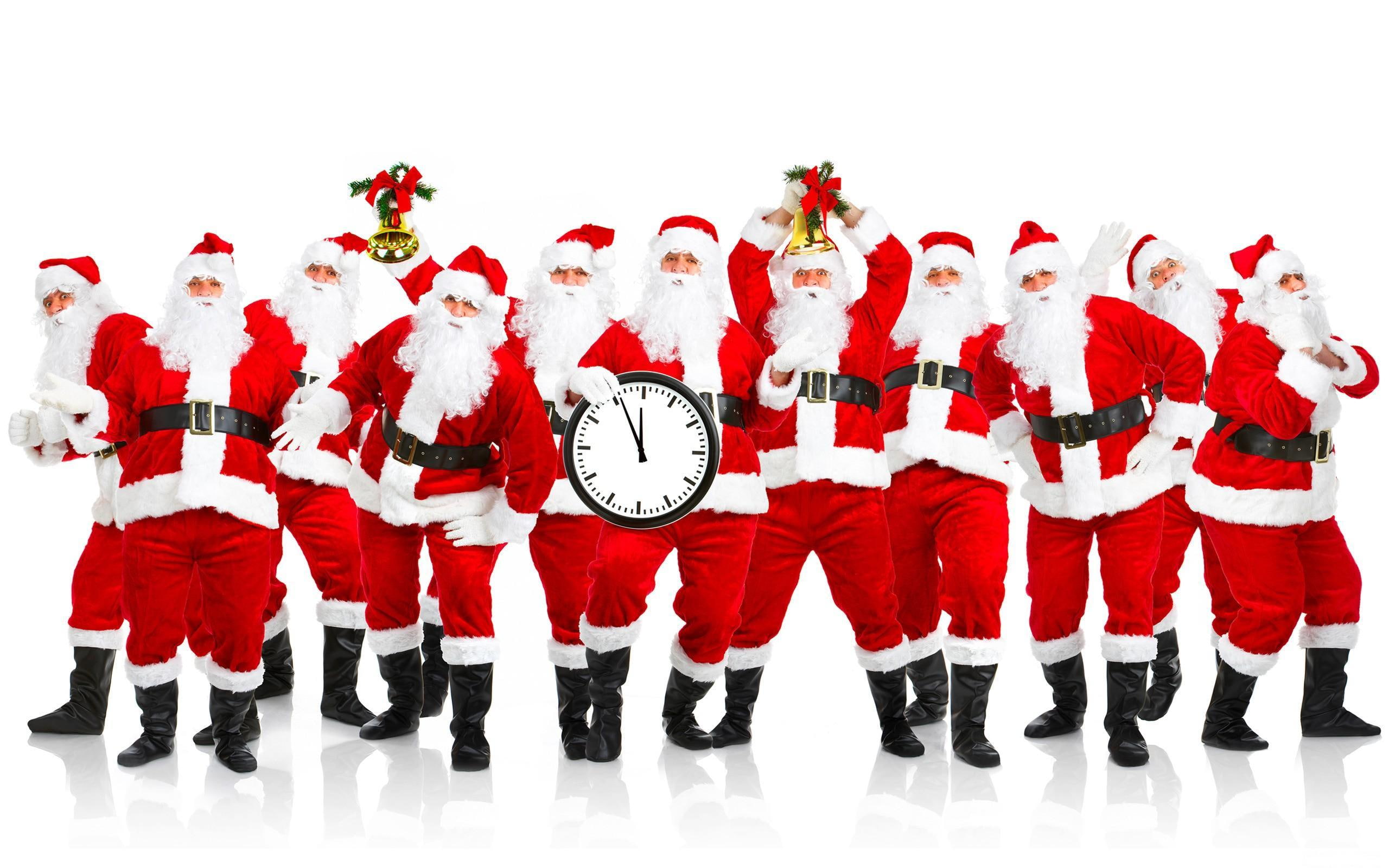 claus, bells, santa, white, clocks, 2K, santa claus, background, white background, christmas, HD Wallpaper