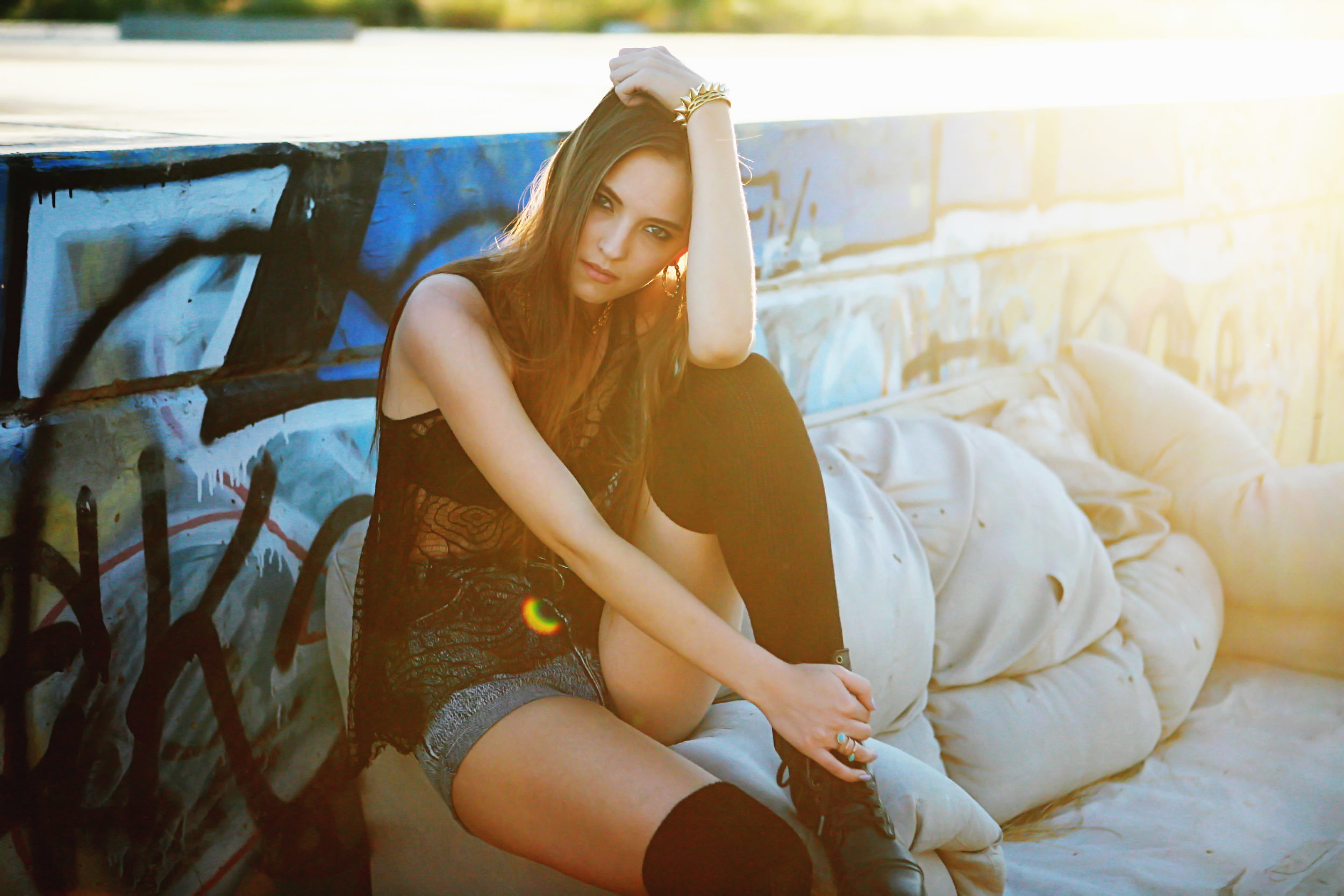 three quarter length, one person, women outdoors, women, model, leisure activity, fashion, hands on head, beautiful woman, shoes, knee-highs, furniture, HD Wallpaper